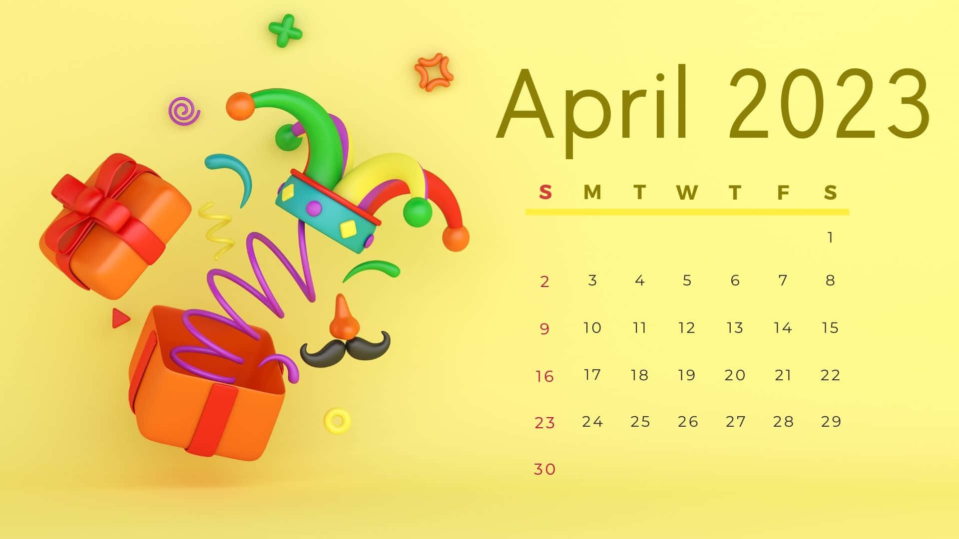 April 2023 Calendar, 3d-rendered, floating gift boxes, Full HD Desktop Wallpaper