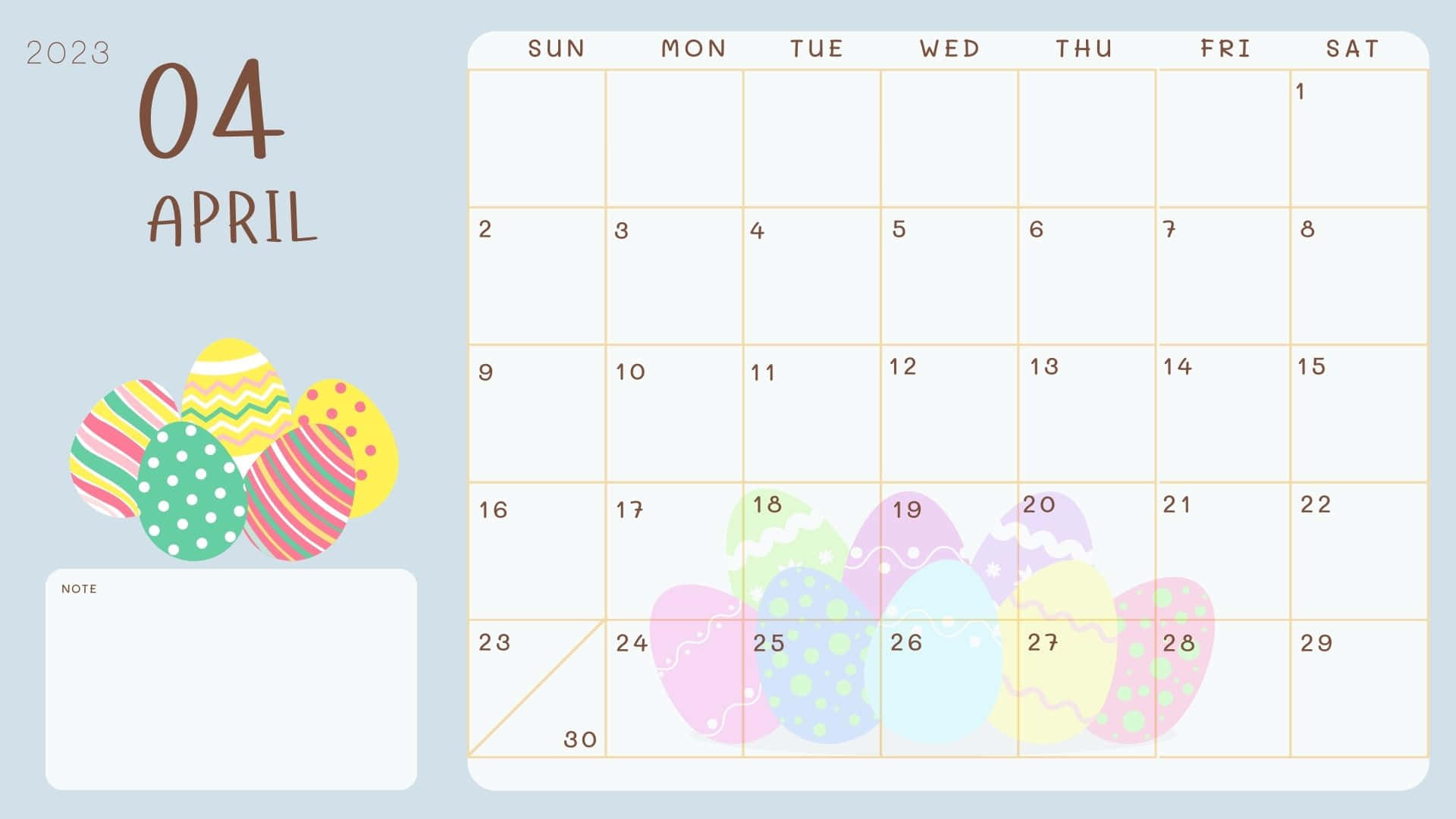 April 2023 Calendar, pastel-colored, Easter eggs, Full HD Desktop Wallpaper