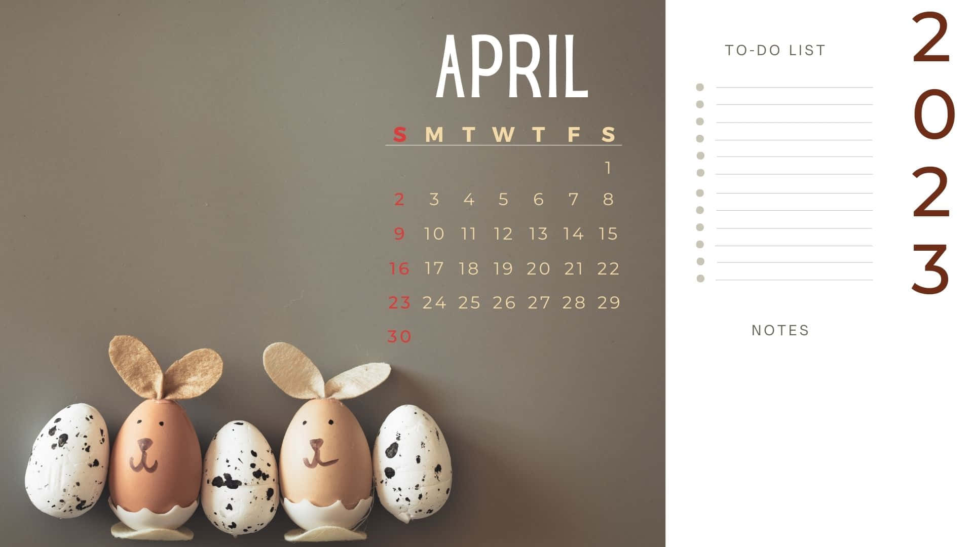 April 2023 Calendar, speckled egg bunnies, muted gray background, Full HD Desktop Wallpaper