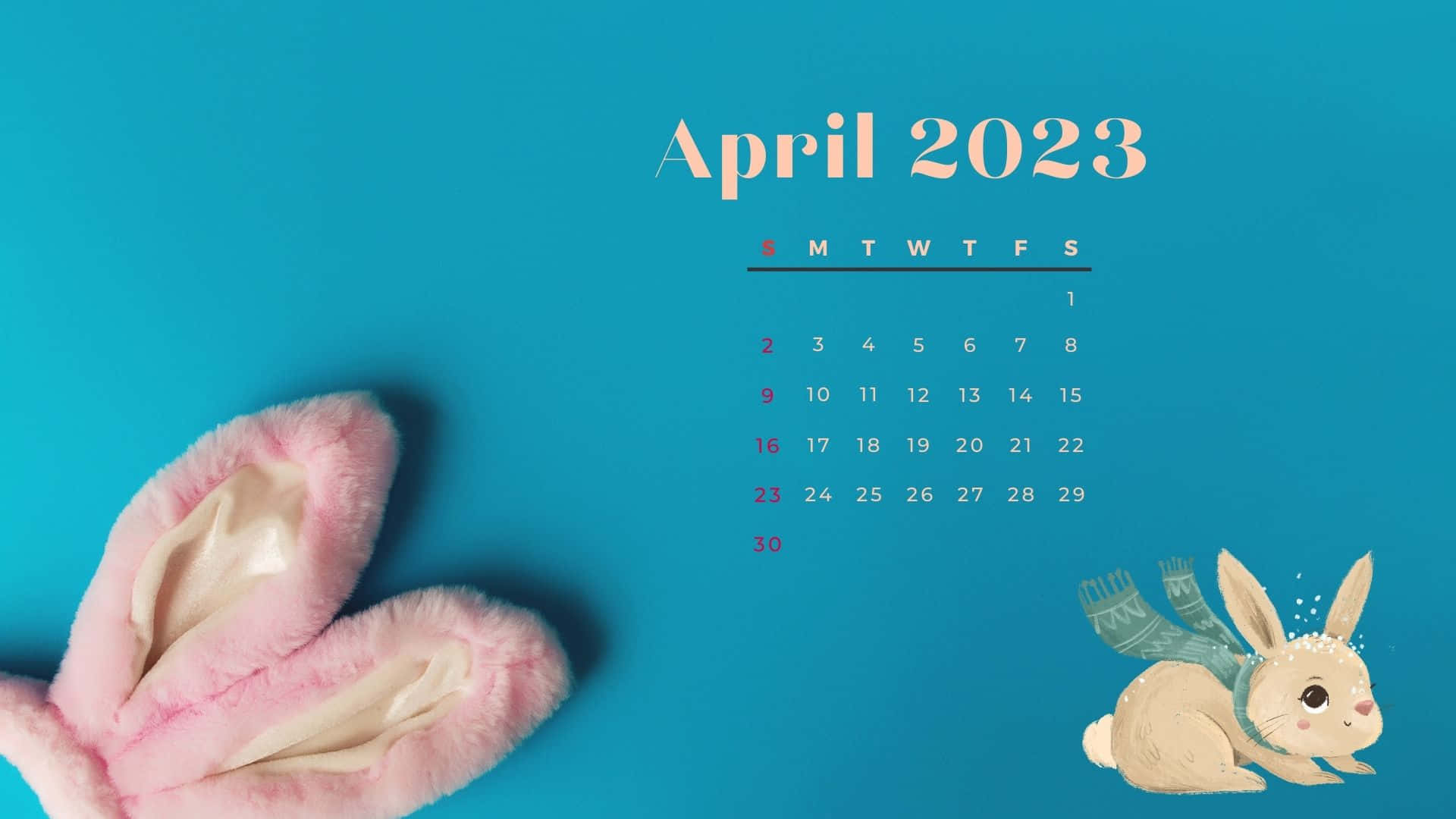 April 2023 Calendar, teal background, pink bunny ears, Full HD Desktop Wallpaper