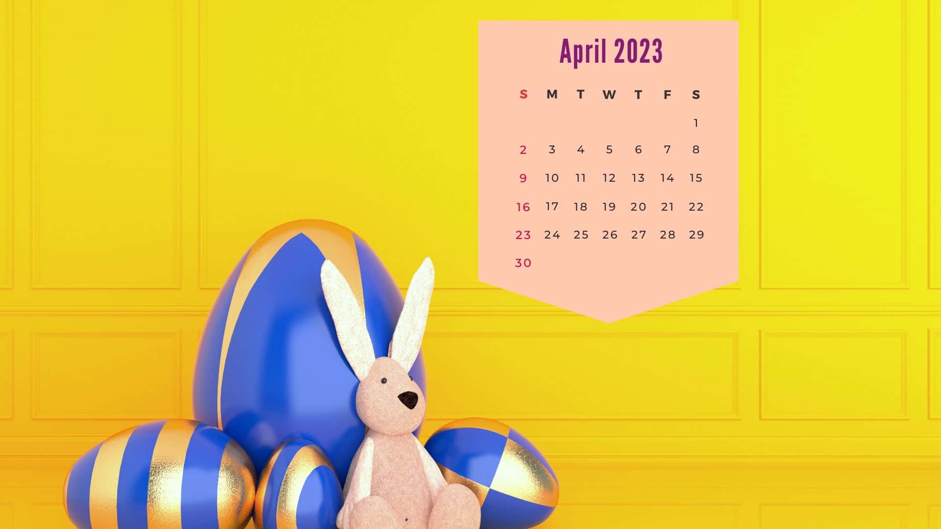 April 2023 calendar, pink plush bunny, glossy blue and gold striped Easter eggs, Full HD Desktop Wallpaper