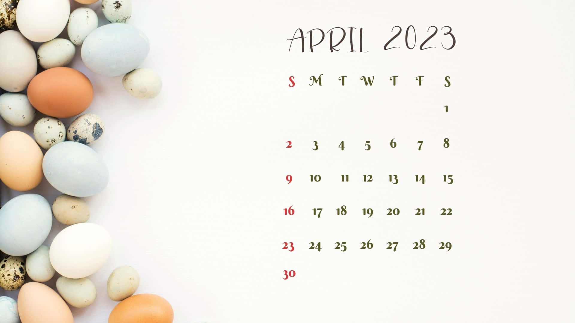 April 2023 Calendar, pastel-colored eggs, white background, Full HD Desktop Wallpaper