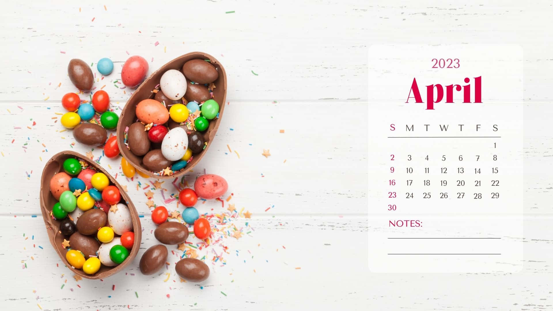 2023 April calendar, chocolate Easter egg halves, colorful candies, Full HD Desktop Wallpaper