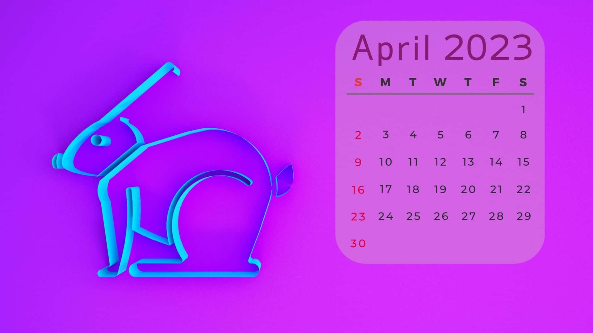 neon blue rabbit outline, pink April 2023 calendar, vibrant purple gradient background, Full HD Desktop Wallpaper