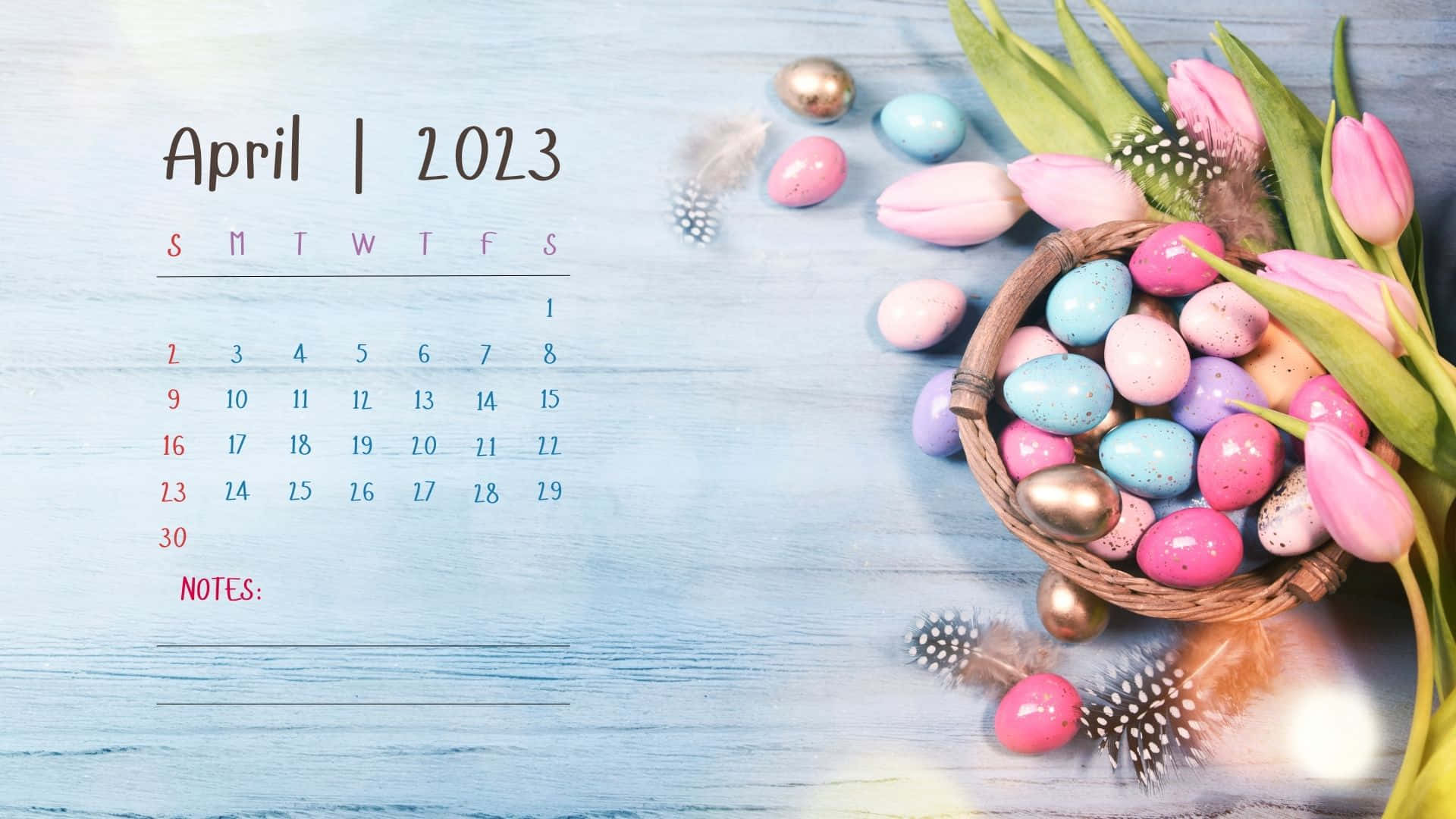 April 2023 Calendar, weathered blue wood, basket of pastel eggs, Full HD Desktop Wallpaper