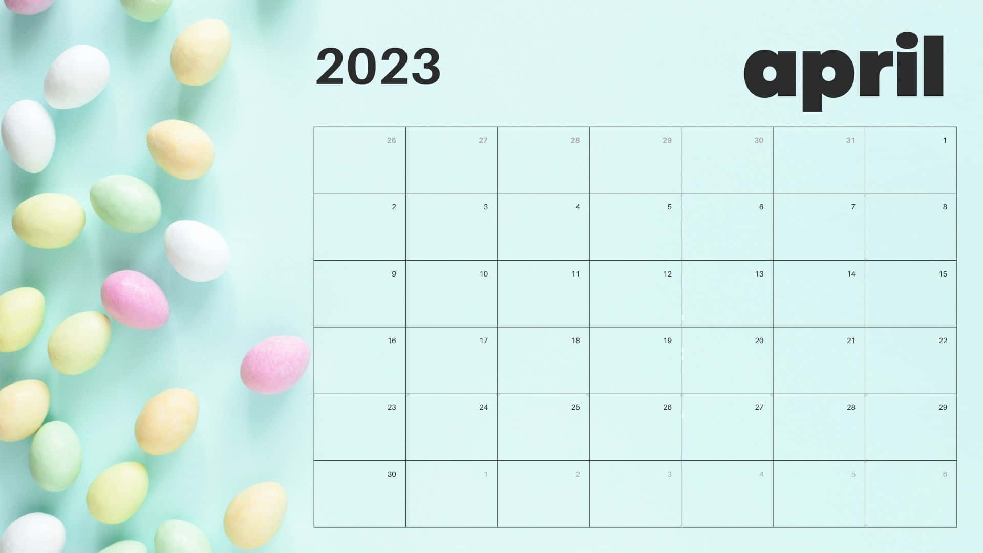 April 2023 Calendar, pastel eggs, mint green background, Full HD Desktop Wallpaper