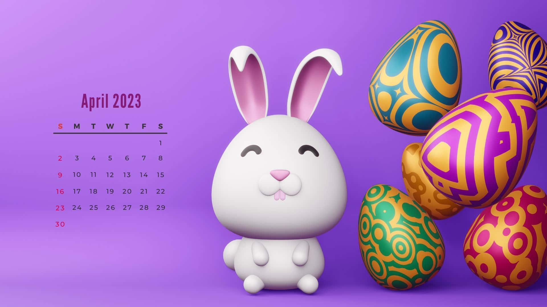 April 2023 calendar, white bunny, colorful patterned Easter eggs, Full HD Desktop Wallpaper