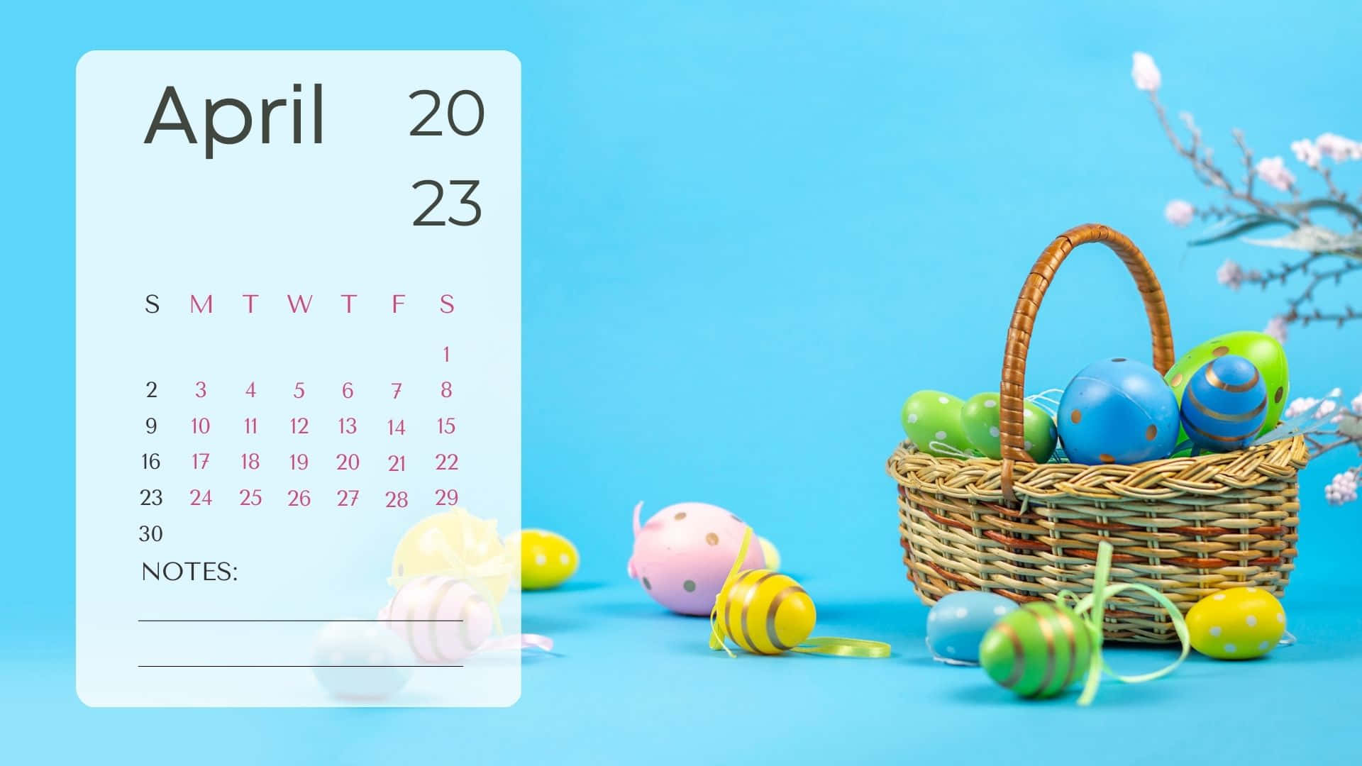 April 2023 Calendar, Easter eggs, flowers, Full HD Desktop Wallpaper