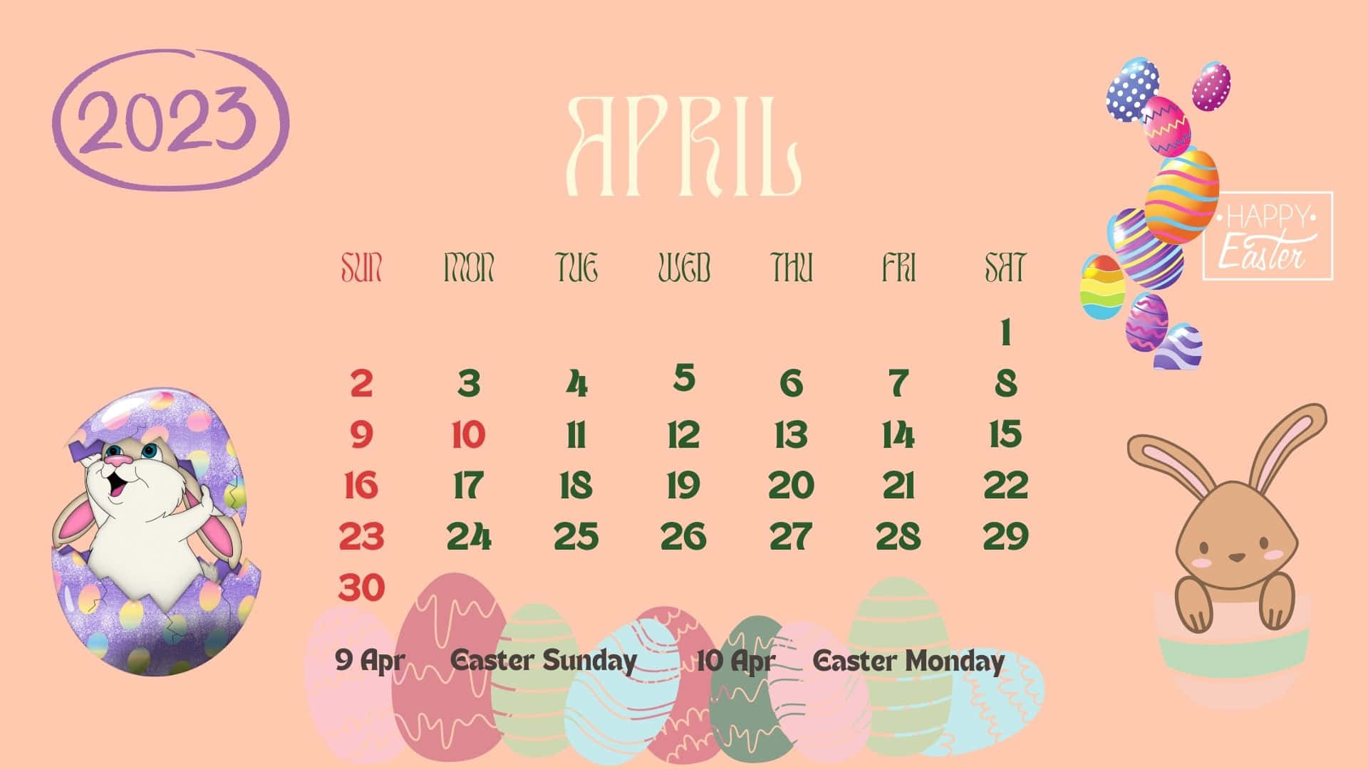 April 2023 Calendar, pastel pink, Easter calendar, Full HD Desktop Wallpaper