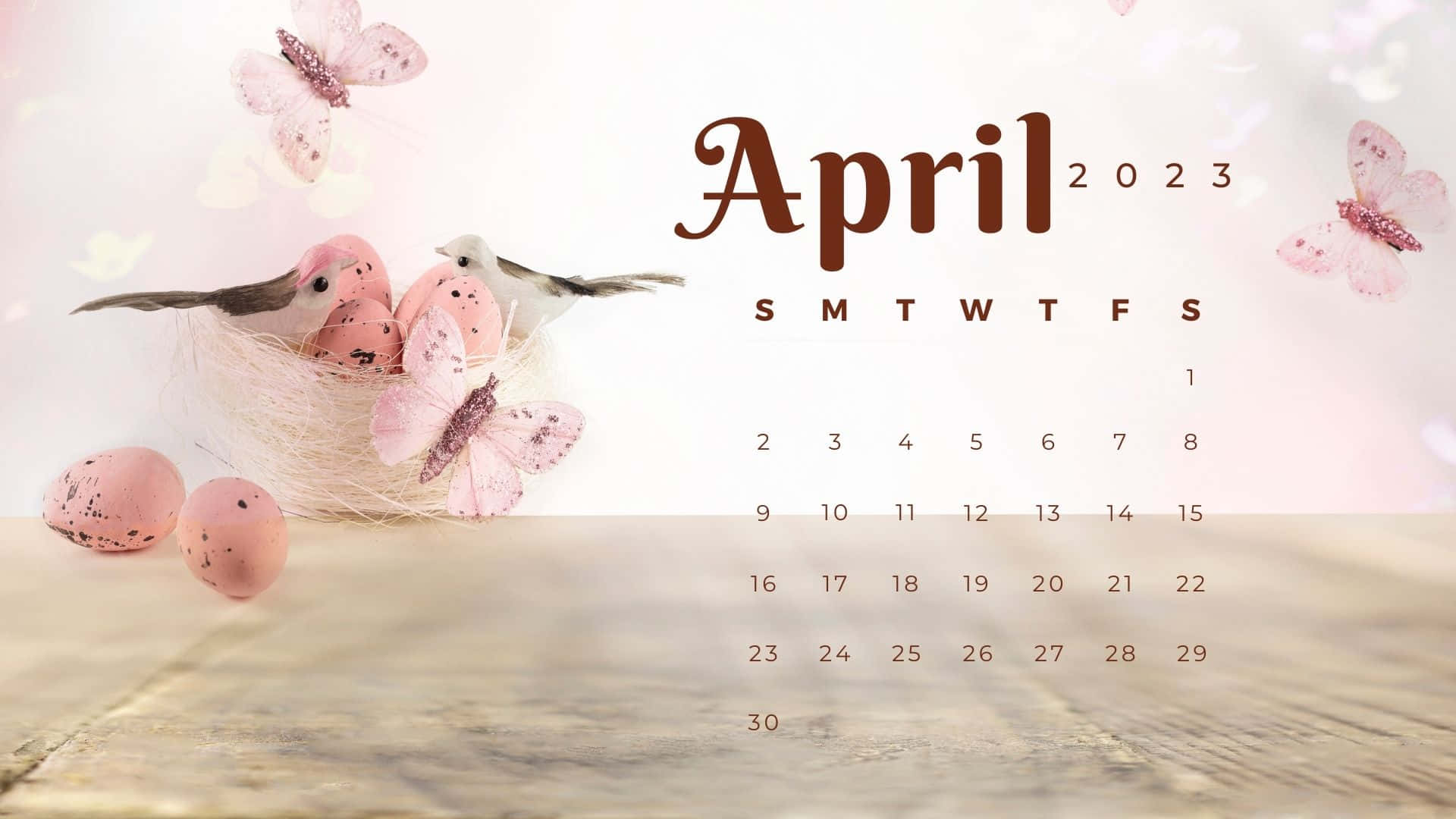 April 2023 Calendar, pink speckled eggs, butterflies, Full HD Desktop Wallpaper