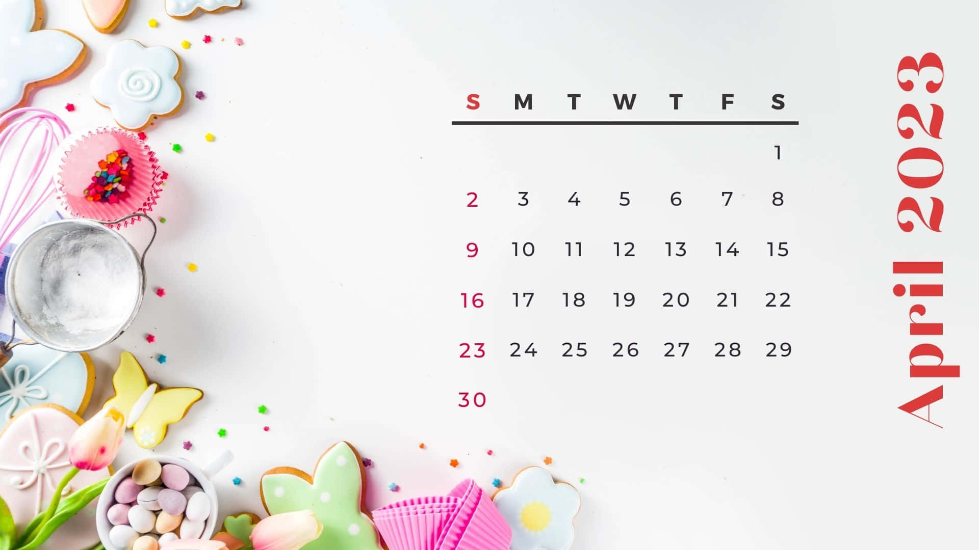 April 2023 Calendar, colorful cookies sprinkles, baking tools, Full HD Desktop Wallpaper