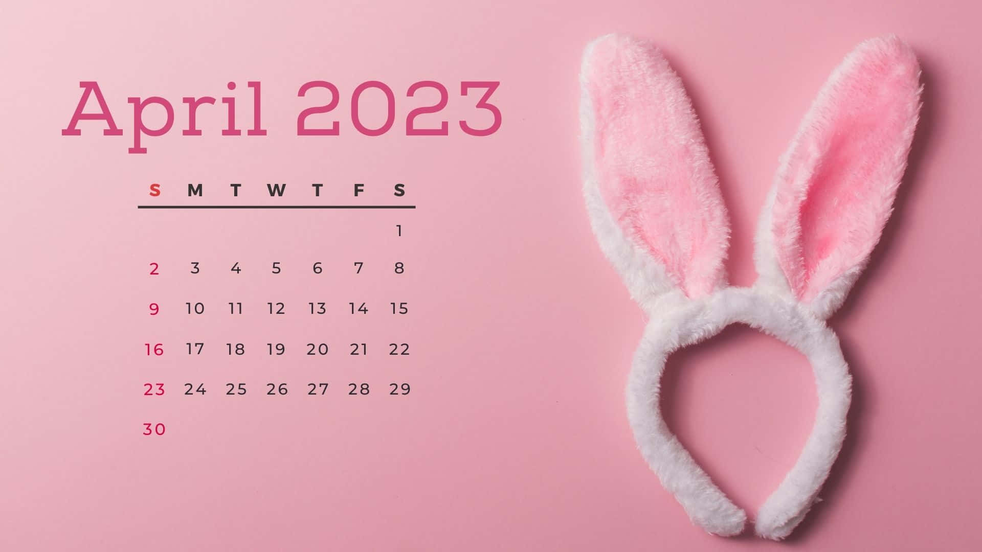 April 2023 calendar, pink fluffy bunny ears headband, soft pink background, Full HD Desktop Wallpaper