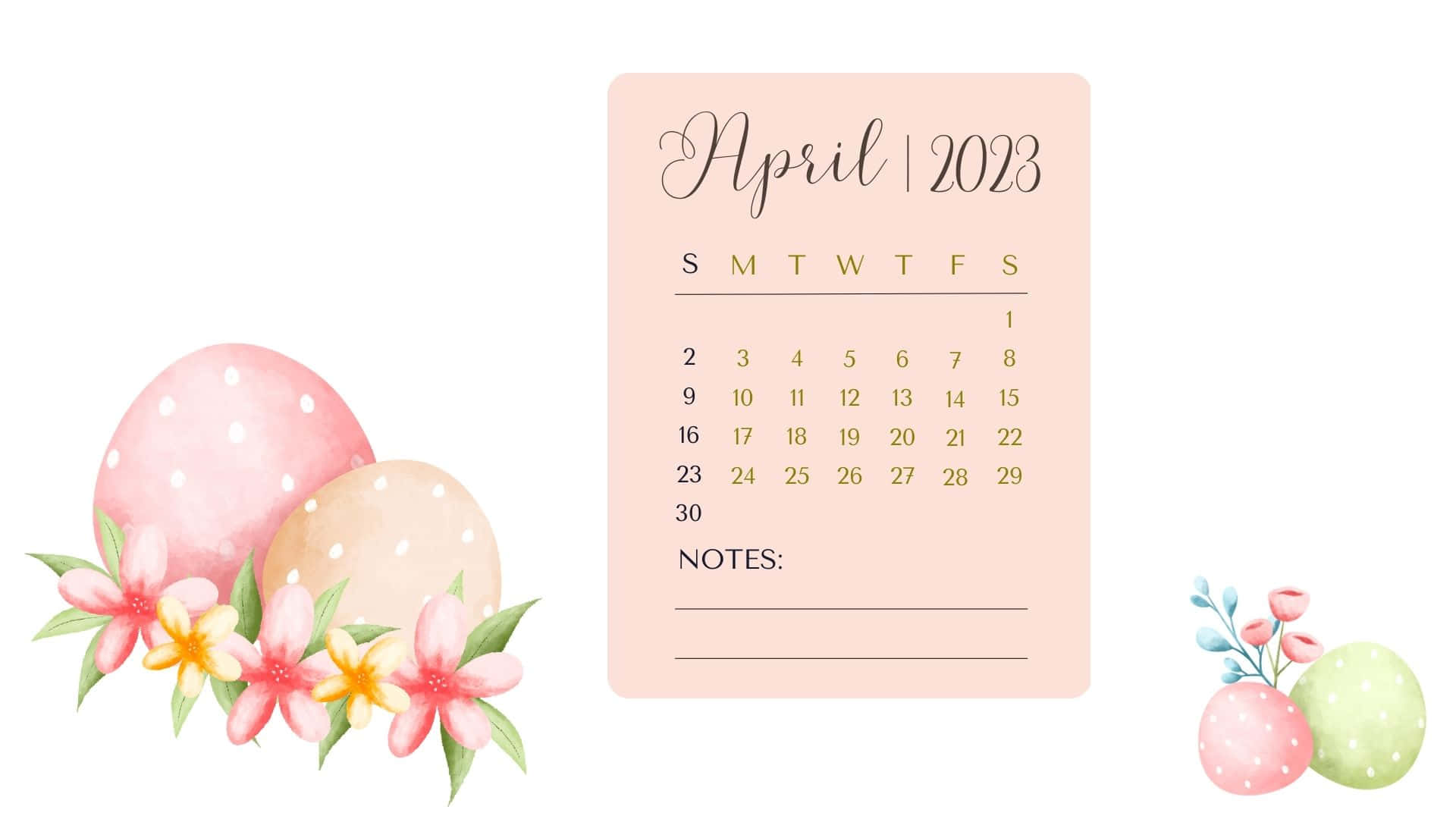 April 2023 Calendar, pastel pink, watercolor Easter eggs, Full HD Desktop Wallpaper