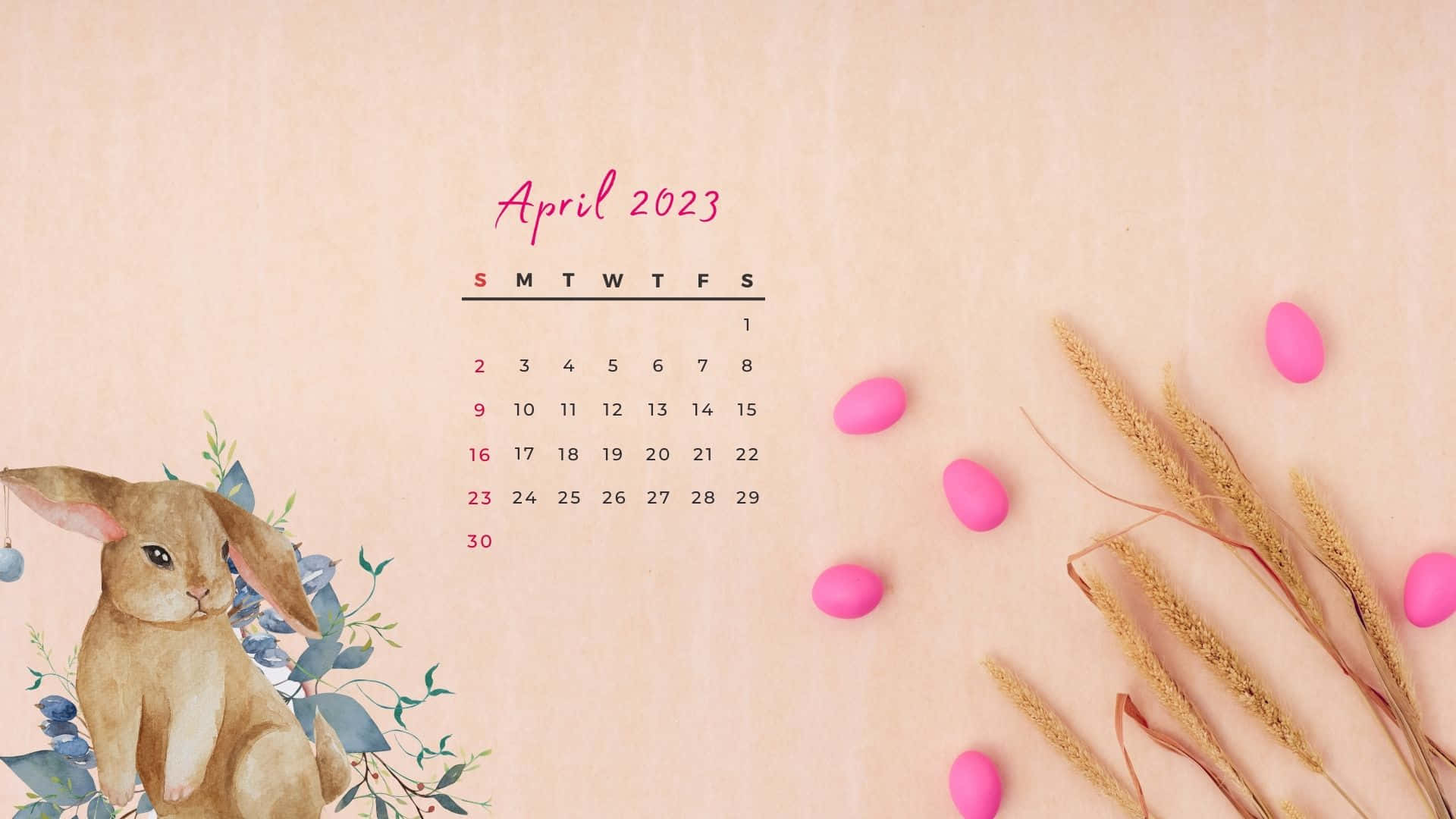April 2023 Calendar, bunny, pink eggs, Full HD Desktop Wallpaper