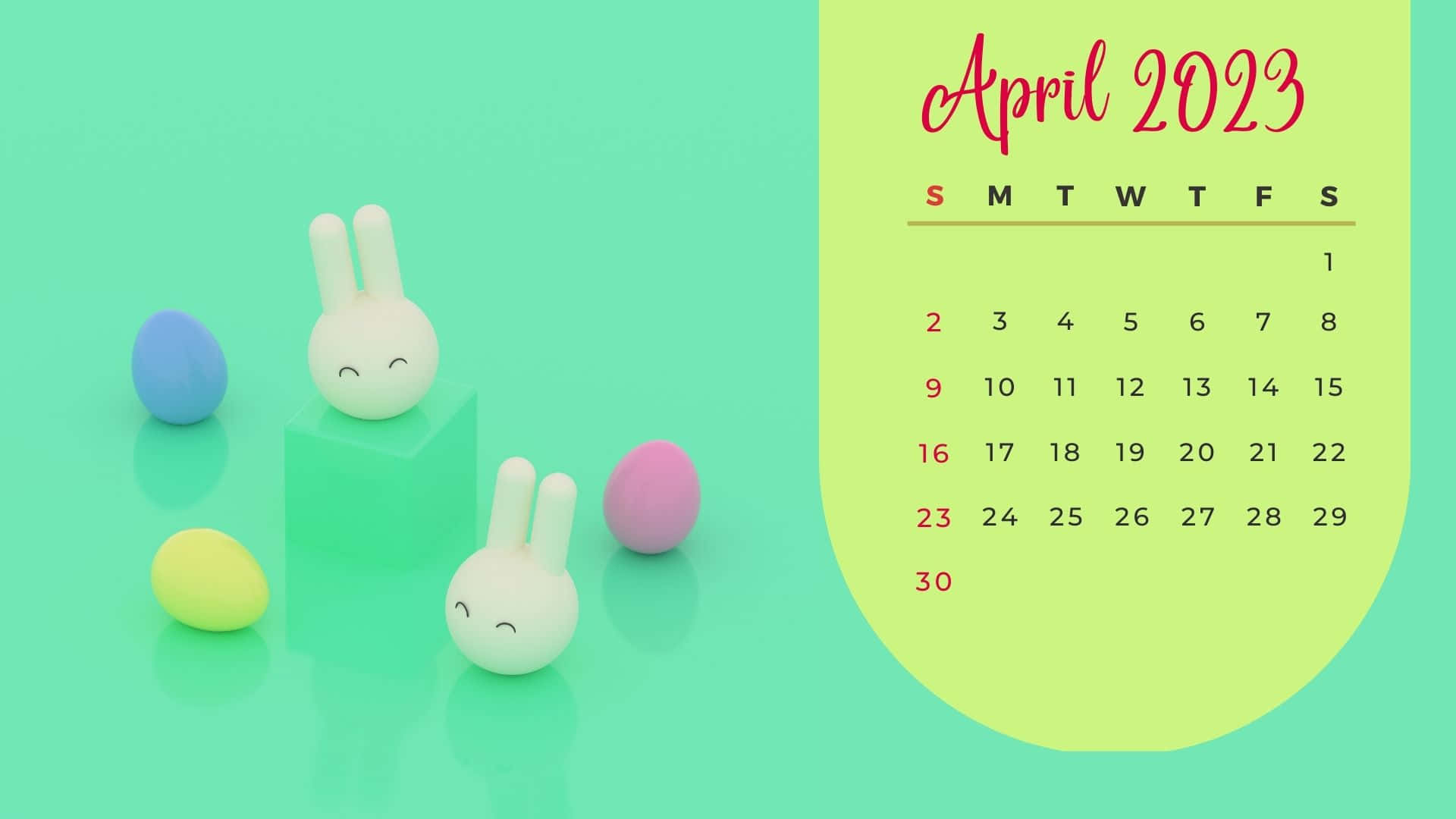 April 2023 Calendar, pastel green, white bunny figurines, Full HD Desktop Wallpaper