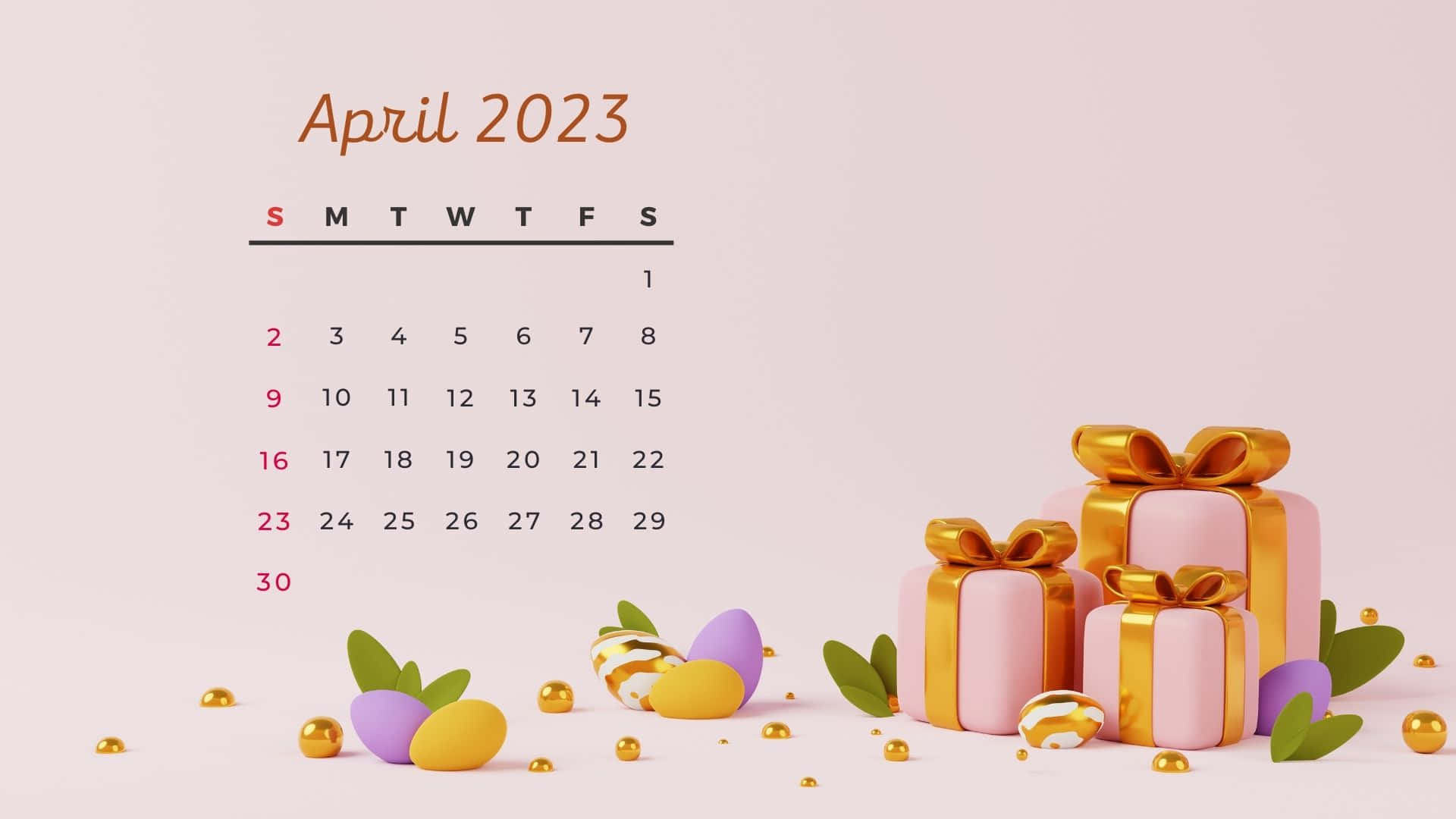 April 2023 Calendar, pastel pink, gold bows, Full HD Desktop Wallpaper