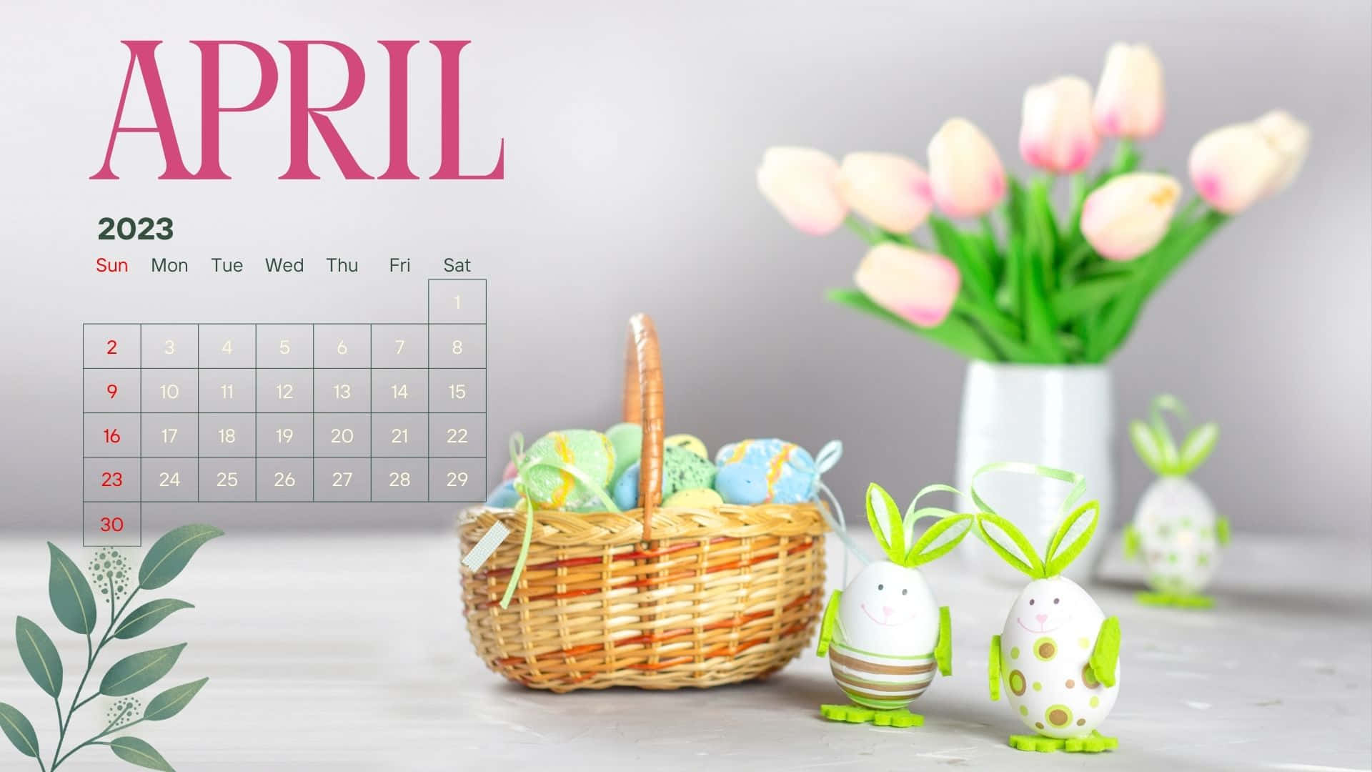 April 2023 Calendar, Easter eggs, flowers, Full HD Desktop Wallpaper