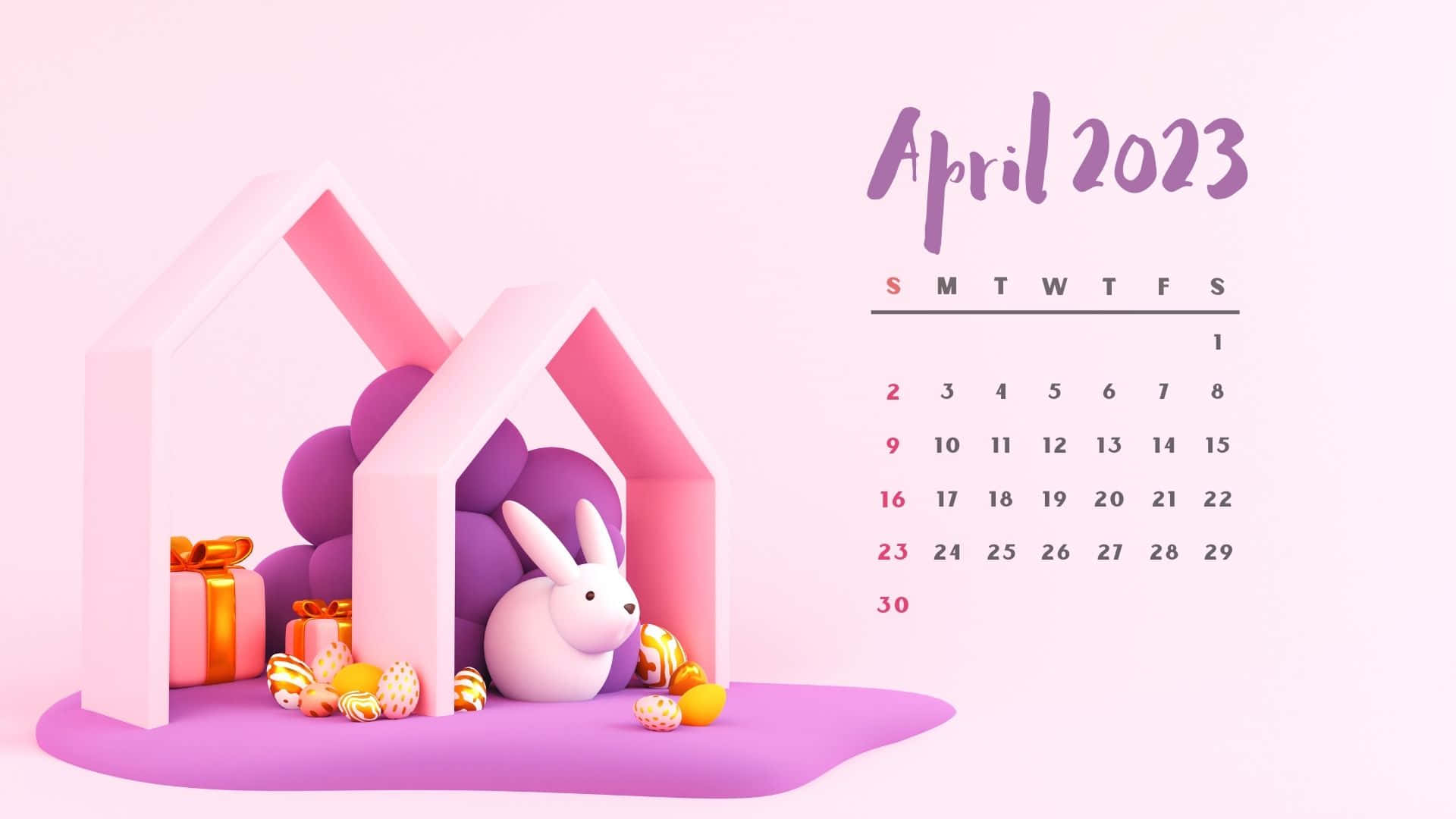 April 2023 calendar, pastel pink and purple, 3d-rendered Easter bunny, Full HD Desktop Wallpaper