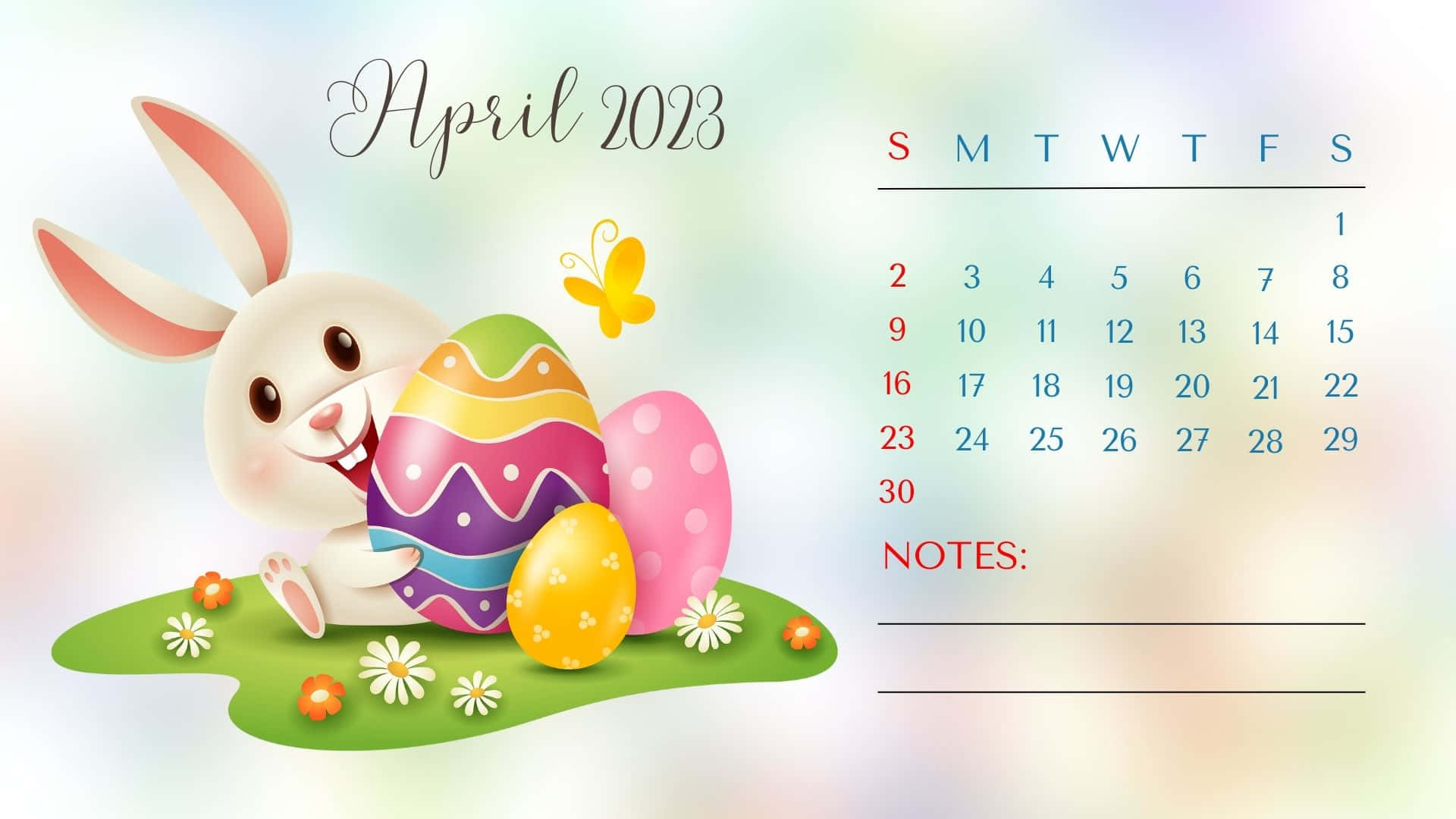 April 2023 calendar, cartoon bunny, colorful Easter eggs, Full HD Desktop Wallpaper