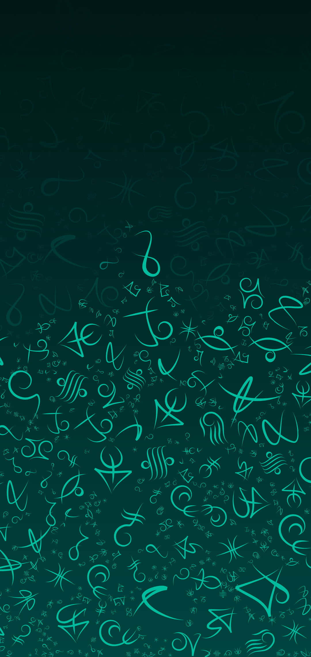 Aqua Green, dark teal gradient, glowing turquoise astrological symbols, Full HD Phone Wallpaper