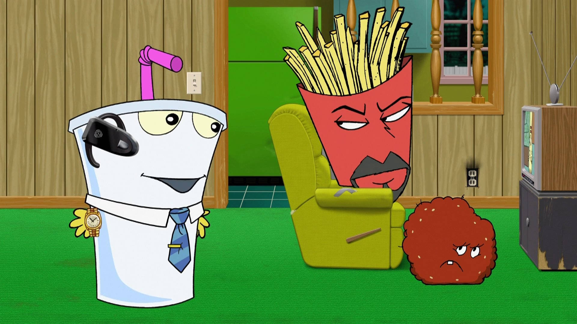 Aqua Teen Hunger Force, cartoon coffee cup, headset, Full HD Desktop Wallpaper