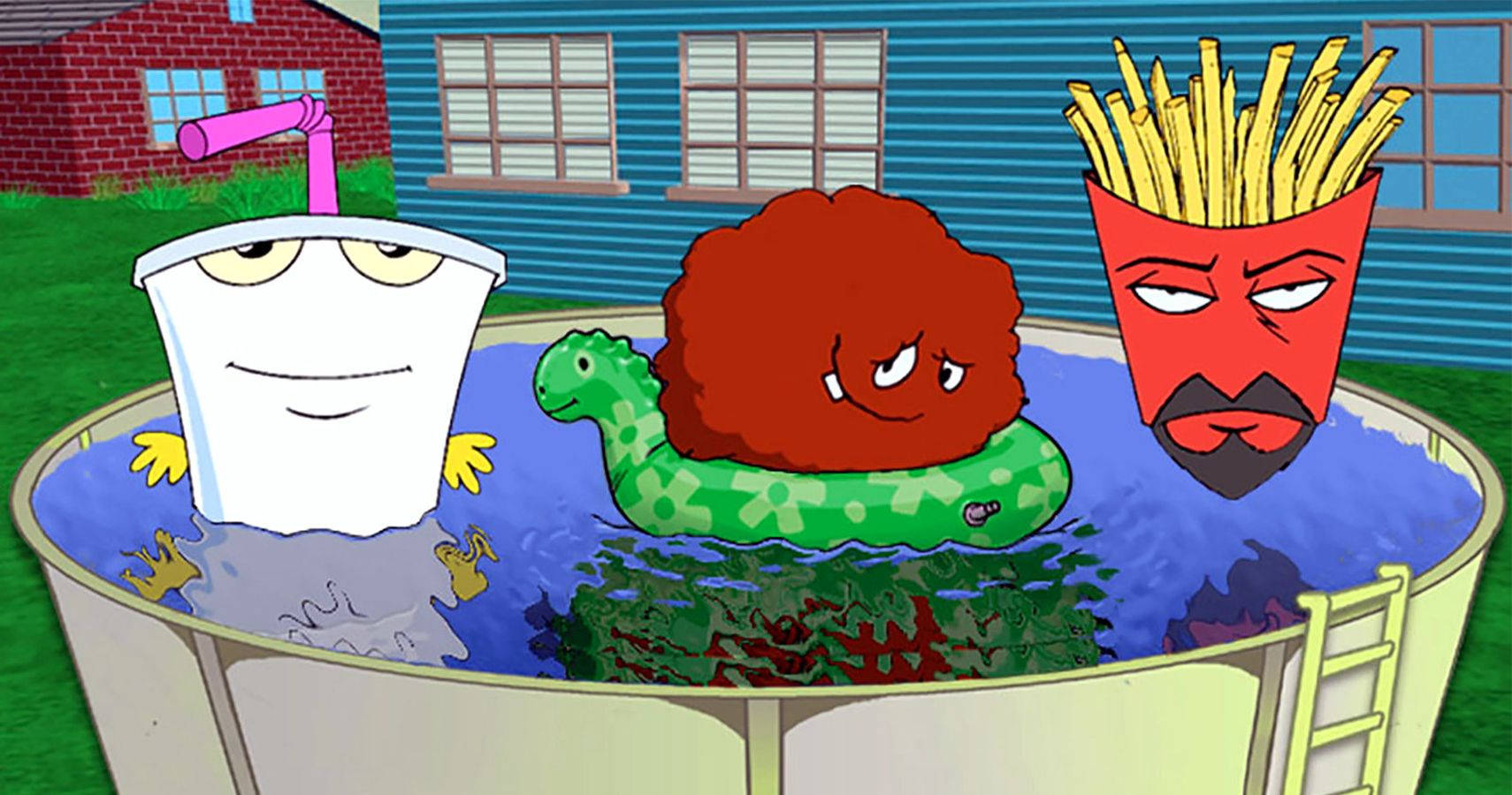 Aqua Teen Hunger Force, kiddie pool, green inflatable dinosaur, HD Desktop Wallpaper