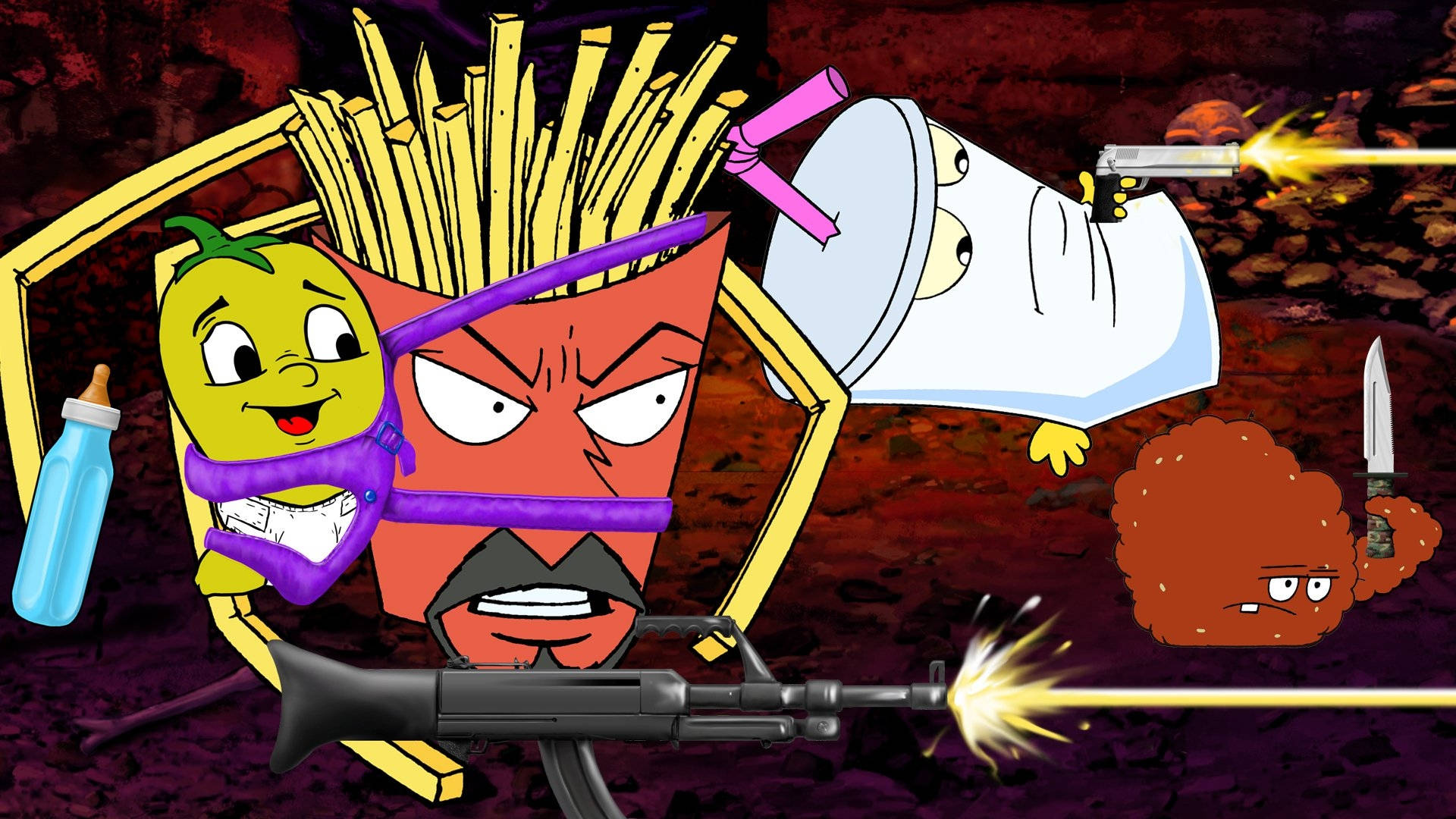 Aqua Teen Hunger Force, cartoon food characters, battle, Full HD Desktop Wallpaper