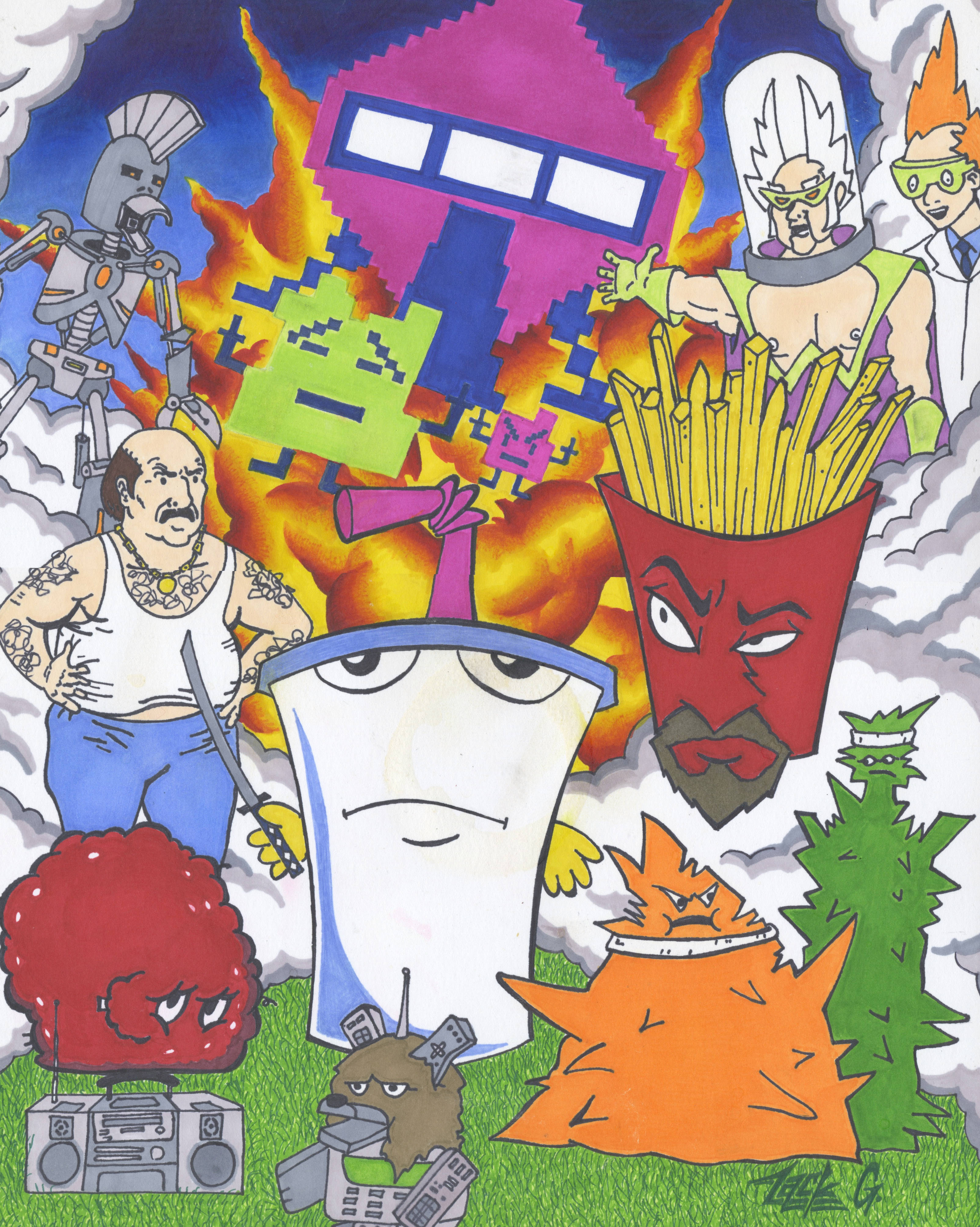 Aqua Teen Hunger Force, blue sky, fiery explosion, 4K Phone Wallpaper