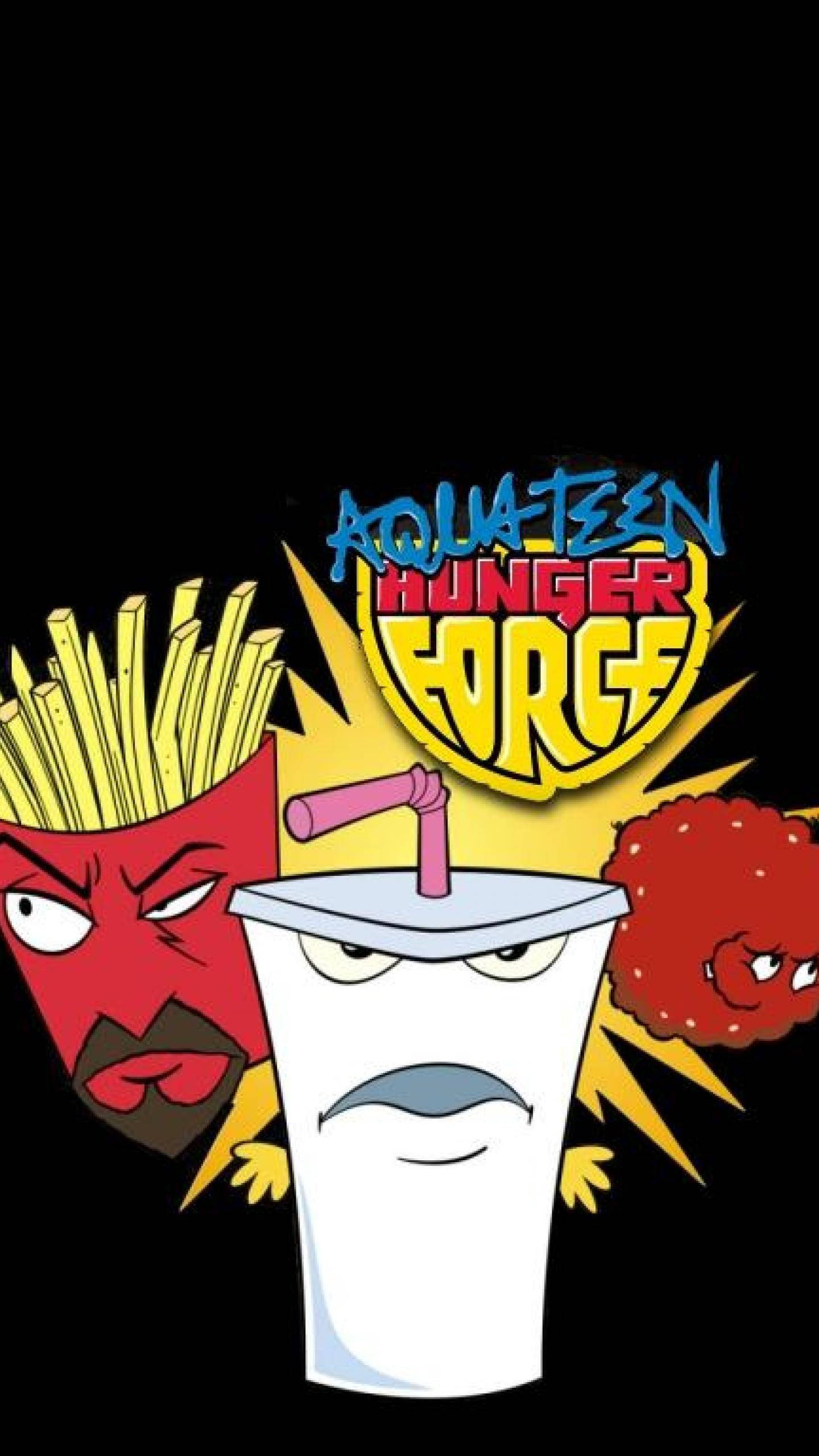 Aqua Teen Hunger Force, yellow explosion logo, cartoon fast food characters, 2K Phone Wallpaper