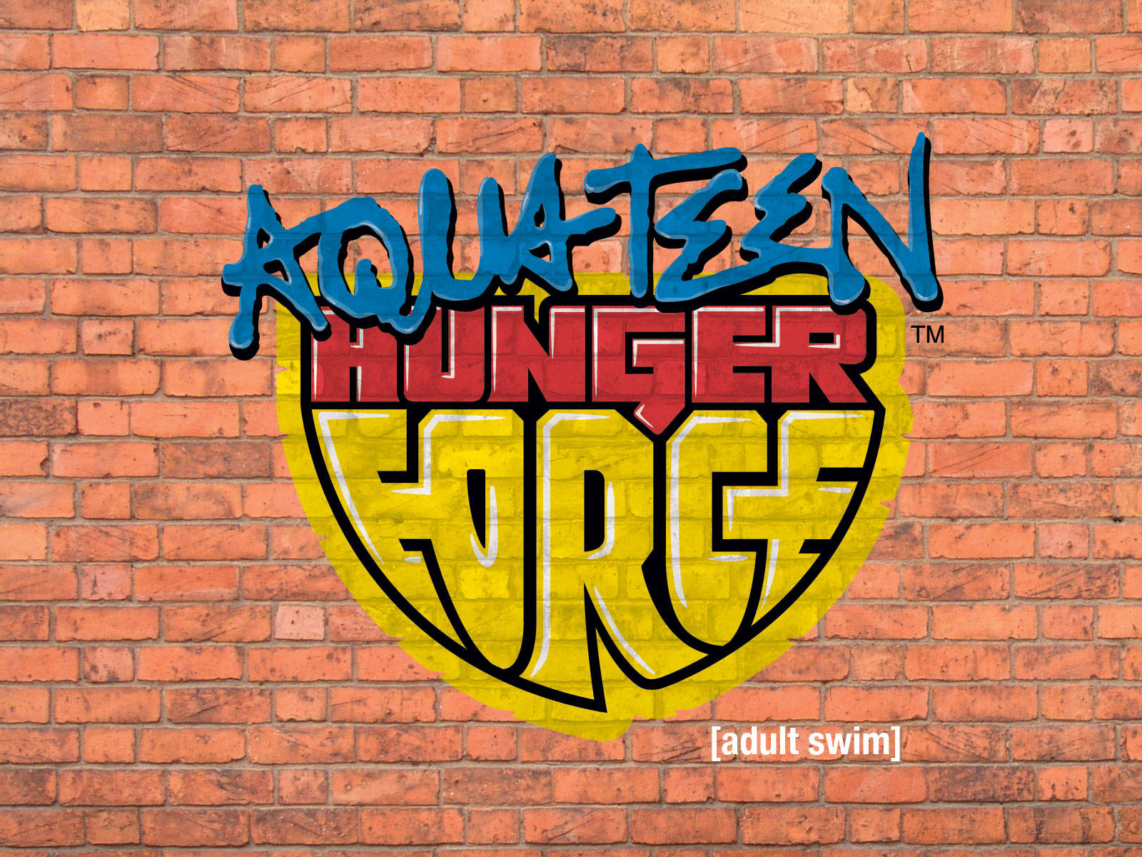 Aqua Teen Hunger Force, graffiti-style, textured red brick wall, HD Desktop Wallpaper