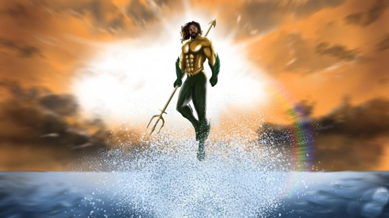 Aquaman, ocean waves, fiery sunset sky, SD Desktop Wallpaper
