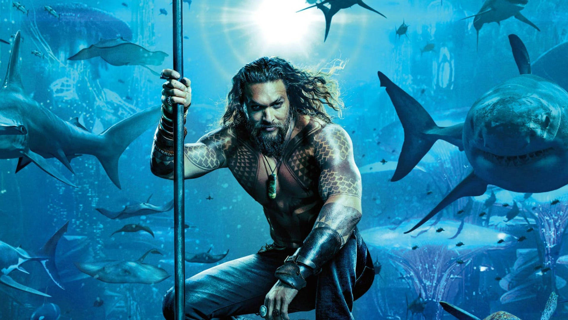 Aquaman, trident, sharks, Full HD Desktop Wallpaper