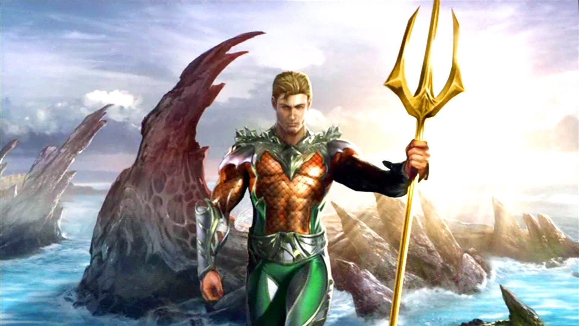 Aquaman, green and gold armor, golden trident, Full HD Desktop Wallpaper
