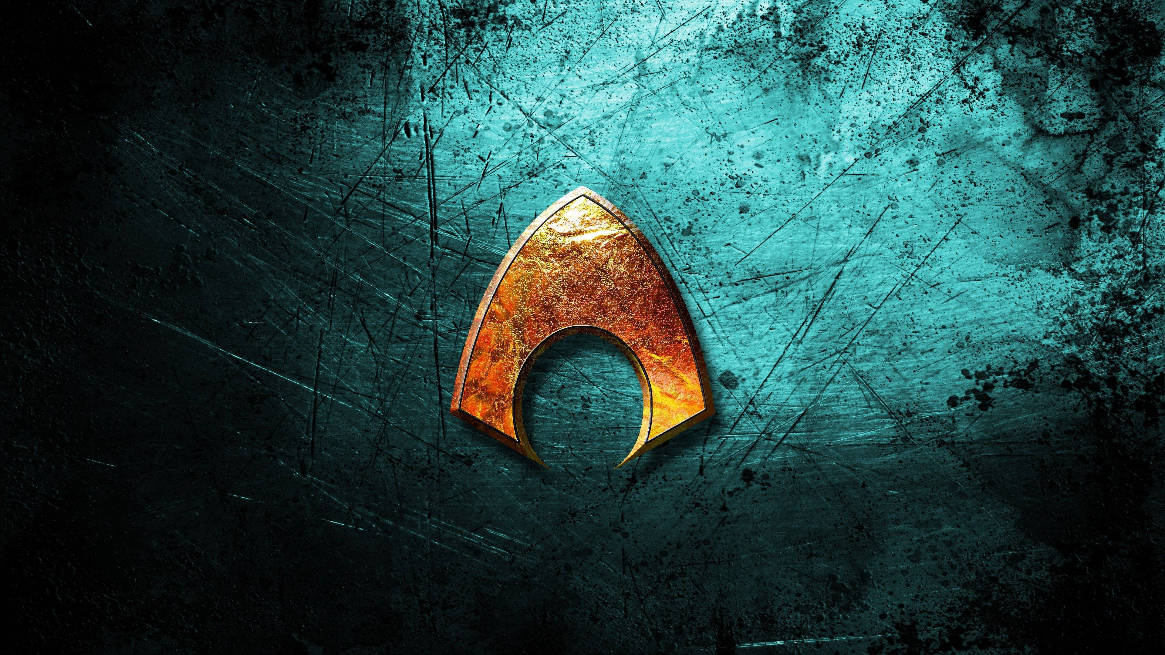 Golden Aquaman Logo, teal, black, 4K Desktop Wallpaper