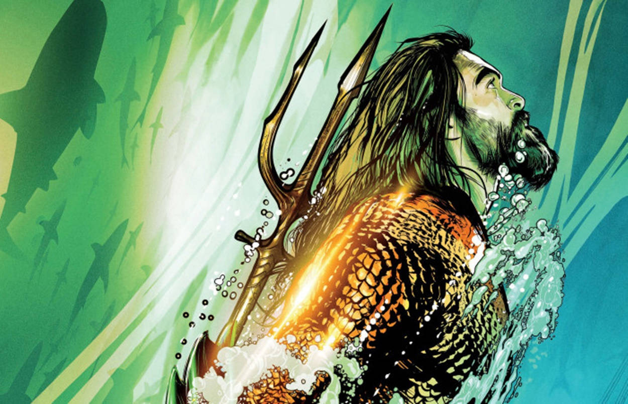 Aquaman, glowing trident, sharks, SD Desktop Wallpaper