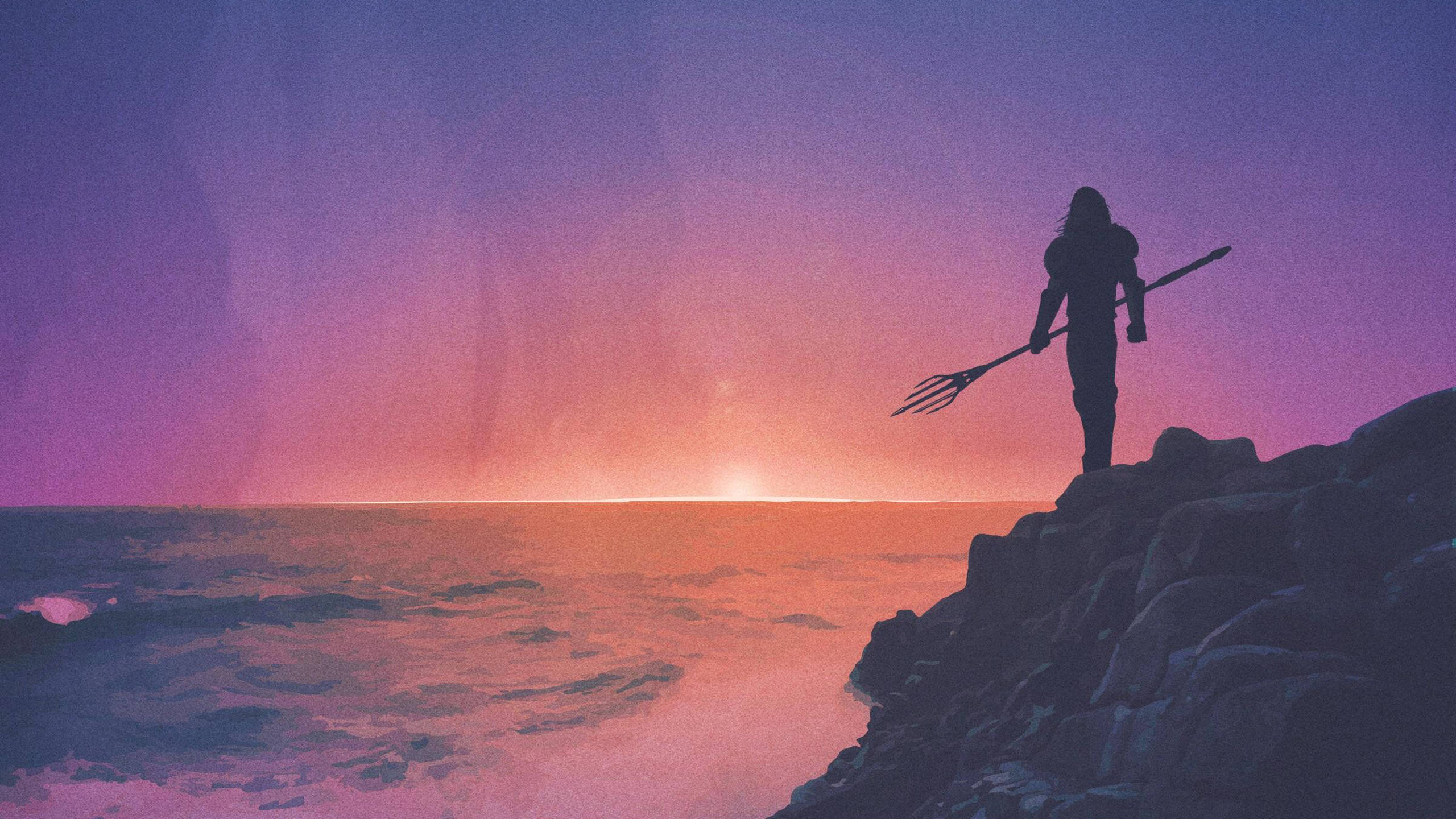 Aquaman, trident, rocky cliff, 2K Desktop Wallpaper