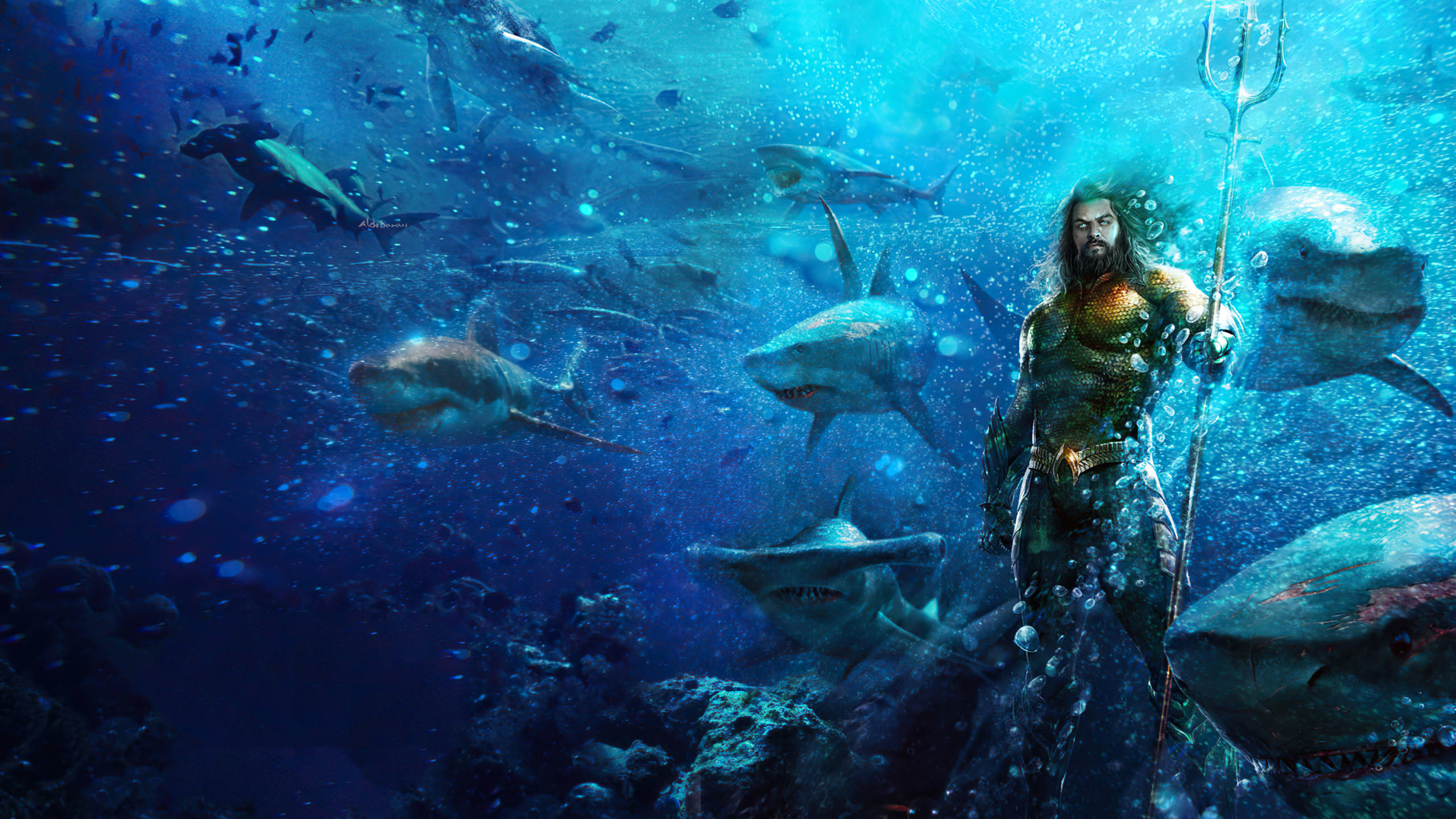 Aquaman, sharks, deep blue ocean, 2K Desktop Wallpaper