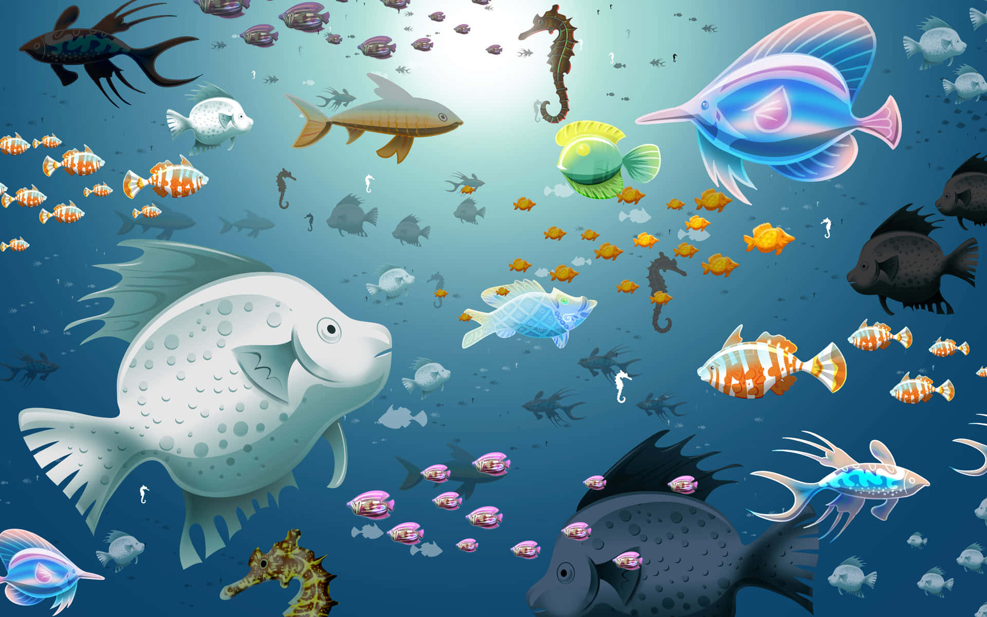 Aquarium Fish Tank, vibrant cartoon fish, seahorses, Full HD Desktop Wallpaper