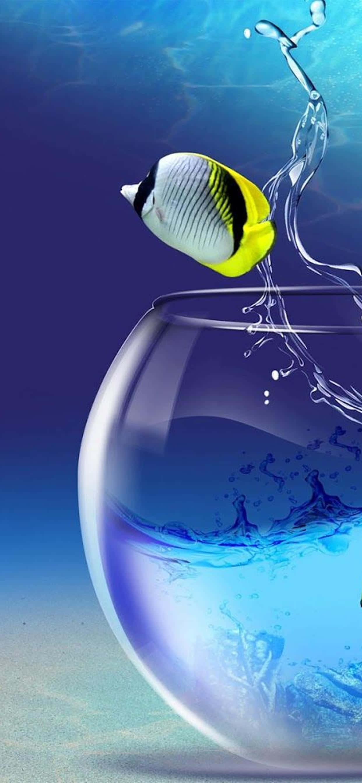 butterflyfish, glass bowl, deep blue gradient background, 2K Phone Wallpaper