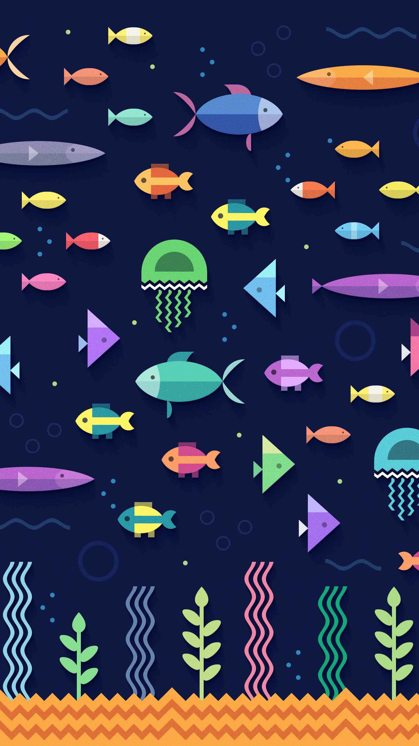 aquarium, iPhone, vibrant flat-style fish, 2K Phone Wallpaper