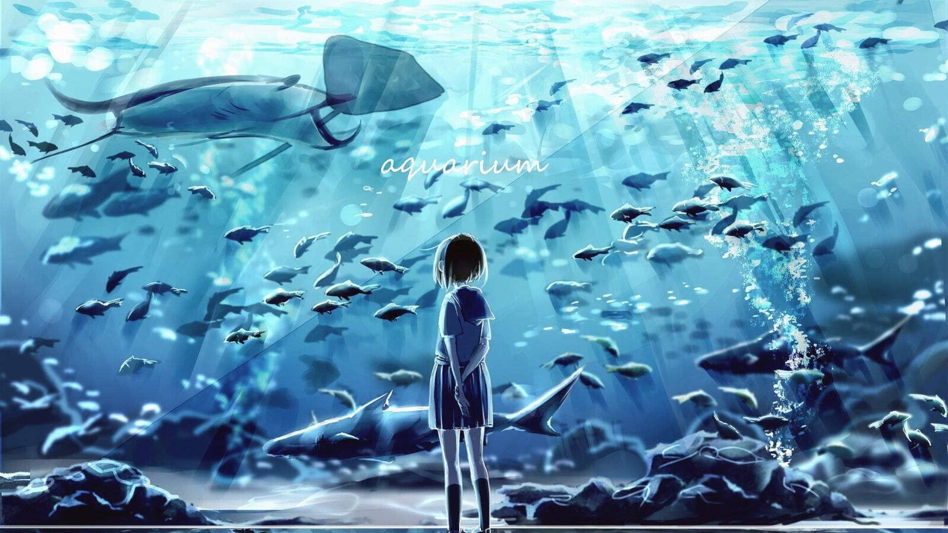 girl, school uniform, massive aquarium, Full HD Desktop Wallpaper