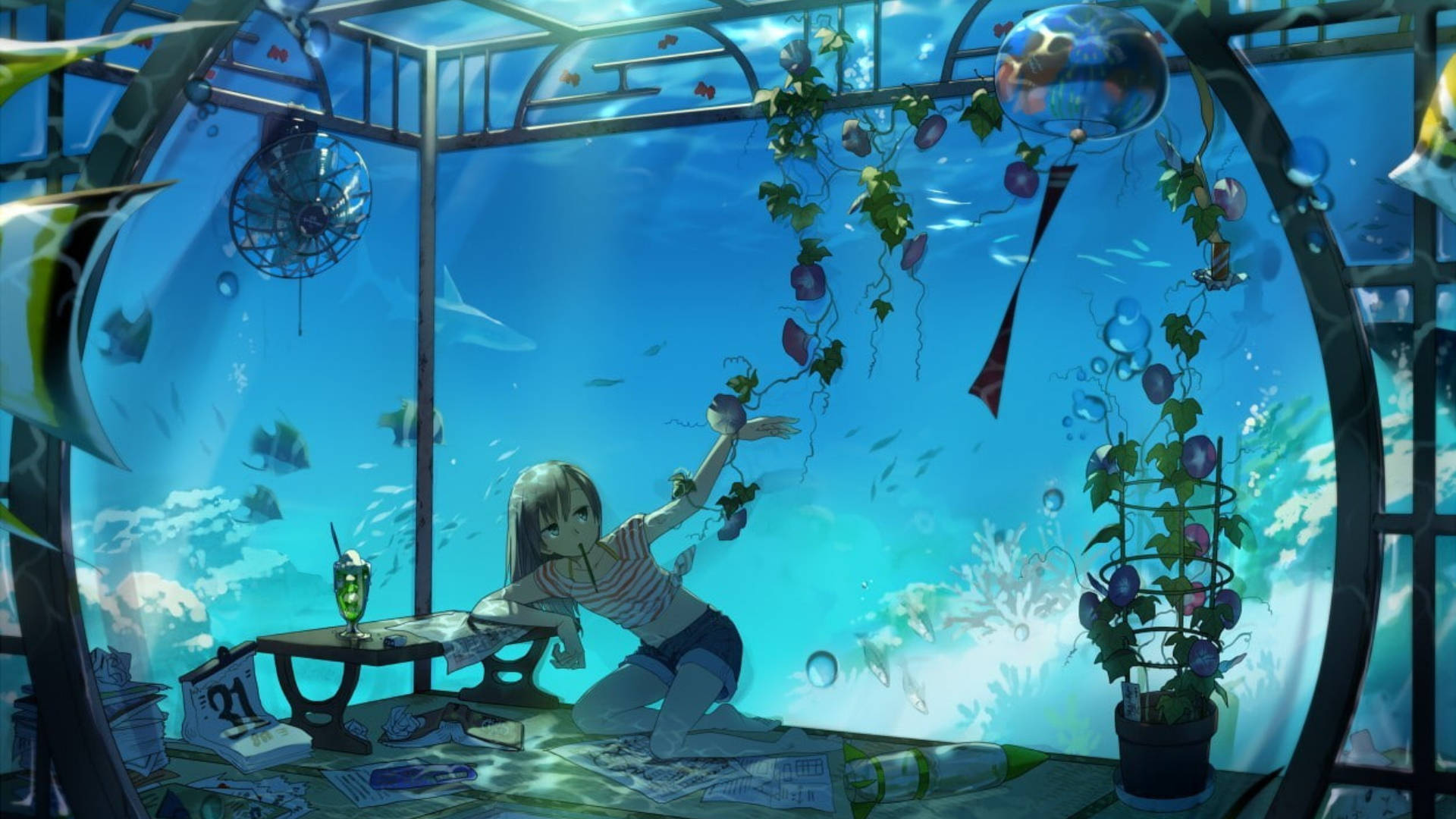 striped shirt, underwater observatory, floating vines, Full HD Desktop Wallpaper