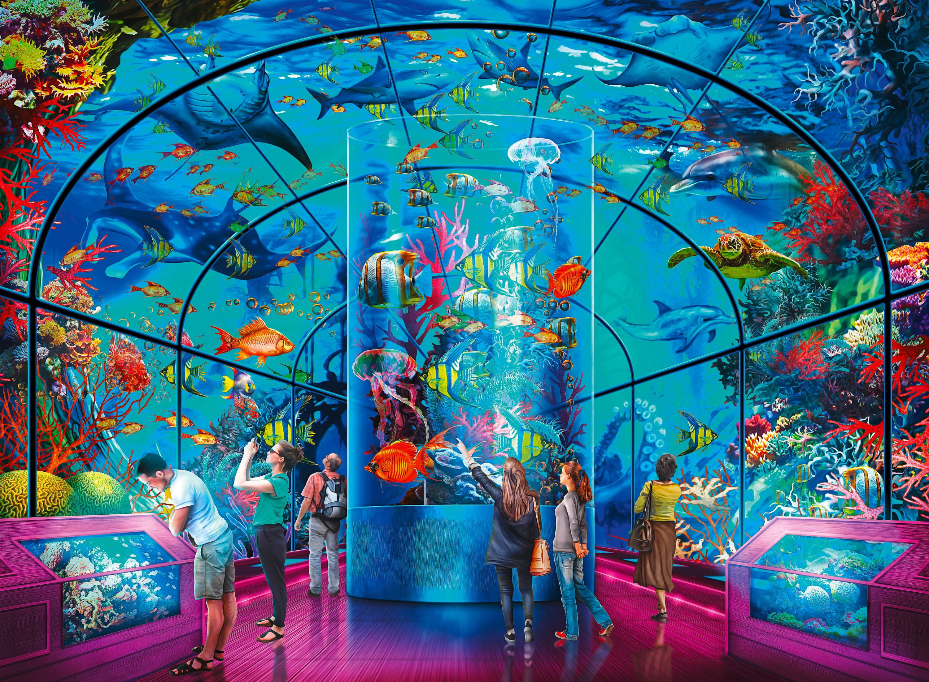 animated aquarium exhibit, underwater aquarium tunnel, colorful fish, 2K Desktop Wallpaper