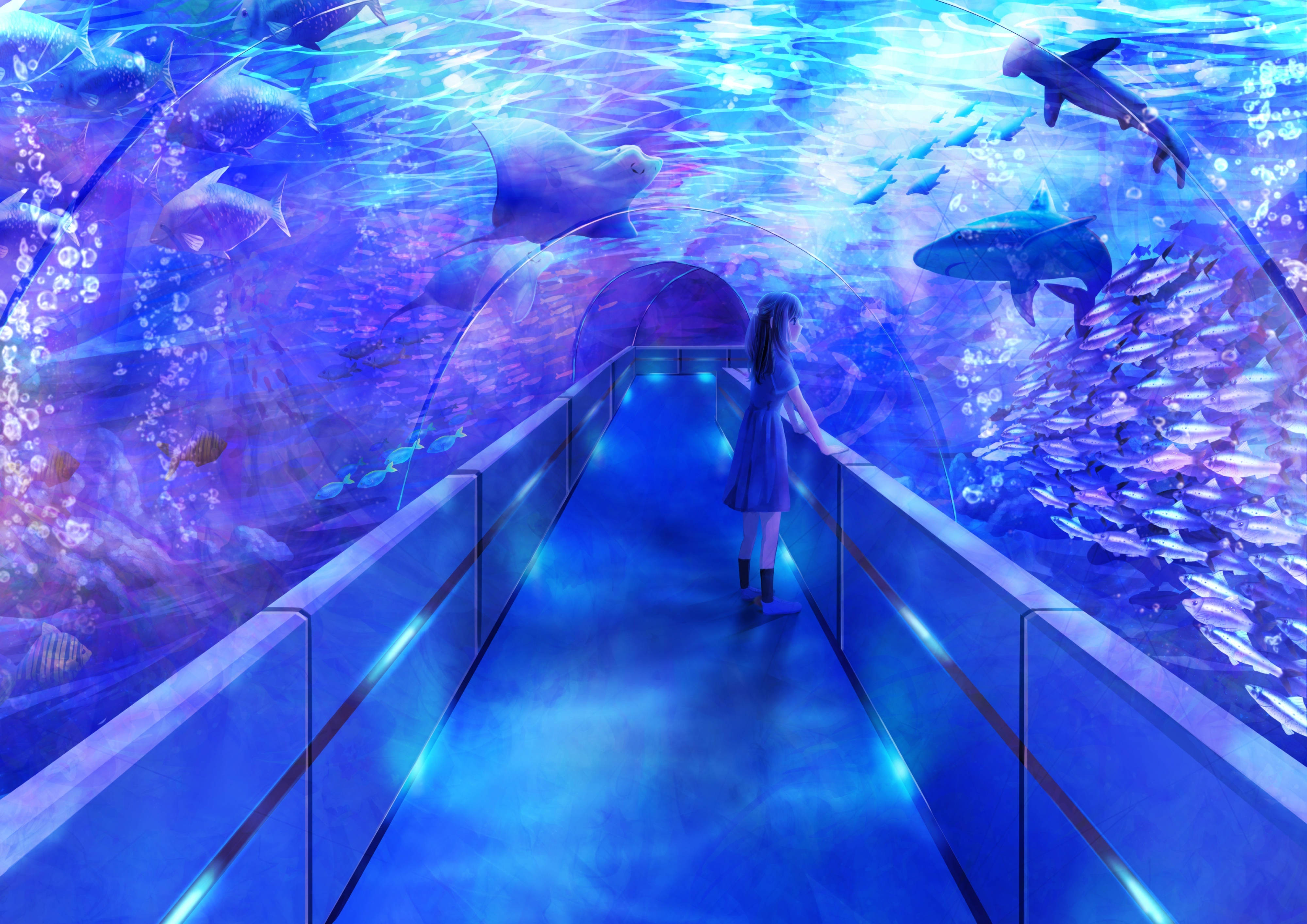 tunnel aquarium, glowing underwater tunnel, sharks, 4K Desktop Wallpaper