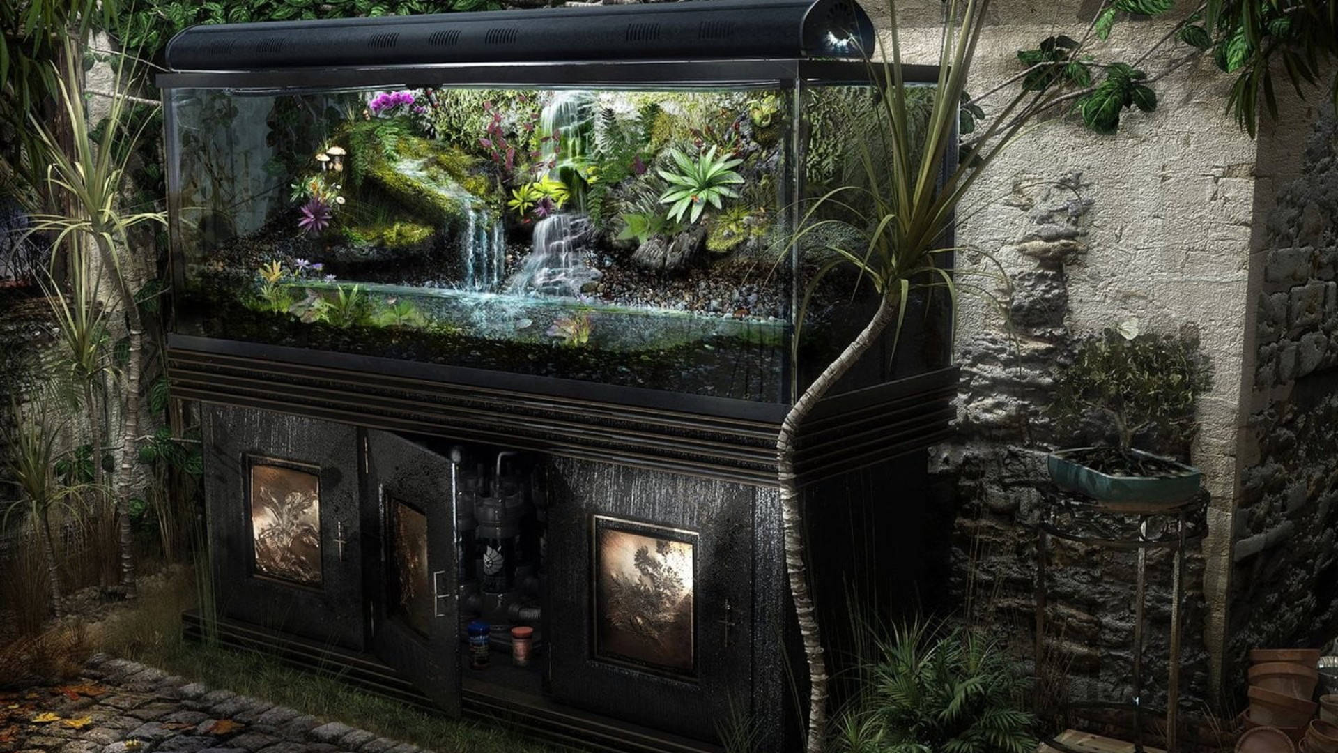 vintage aquarium, lush waterfall scene, rustic stone courtyard, Full HD Desktop Wallpaper