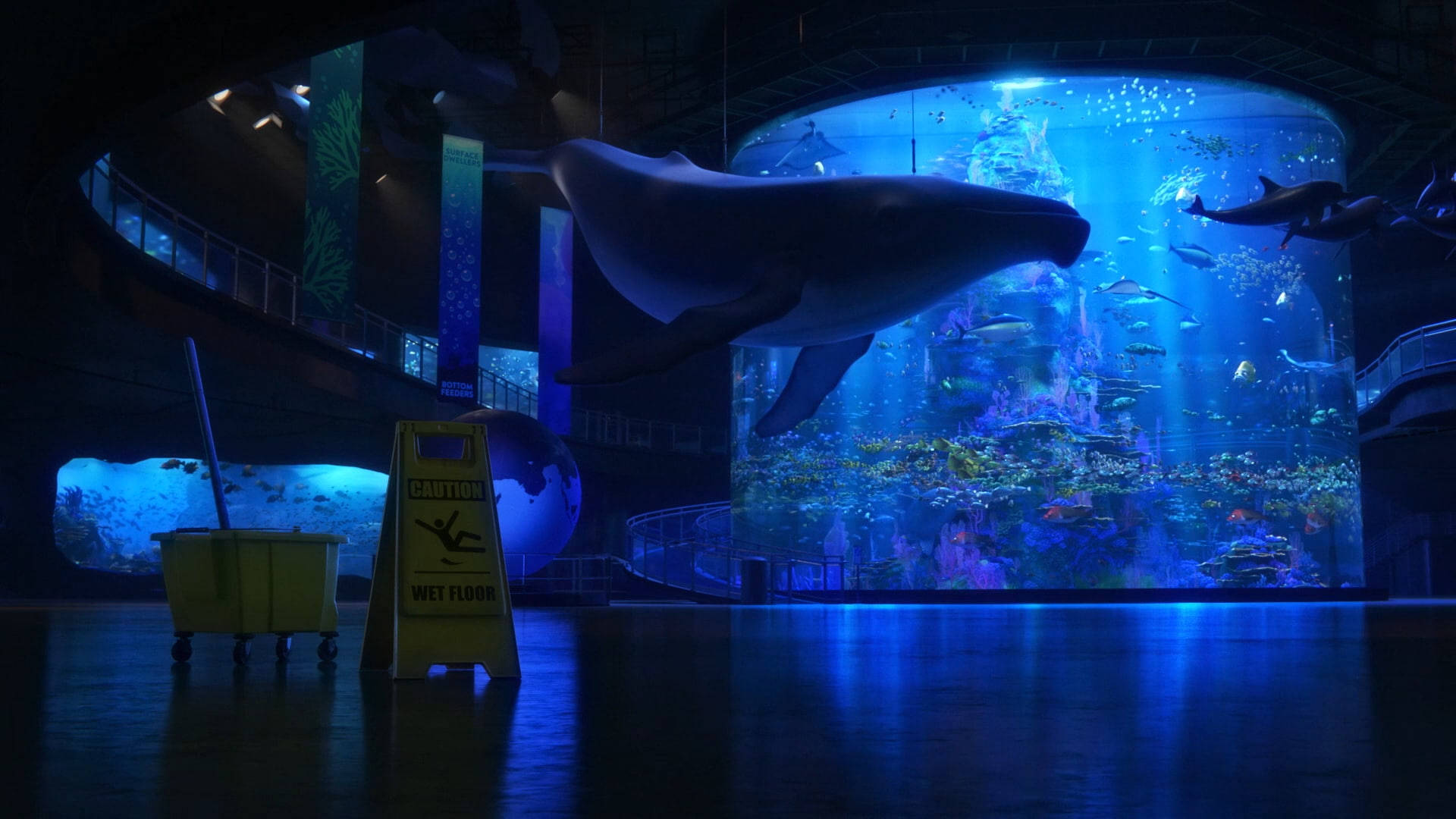 hanging whale, glowing blue aquarium, caution sign, Full HD Desktop Wallpaper