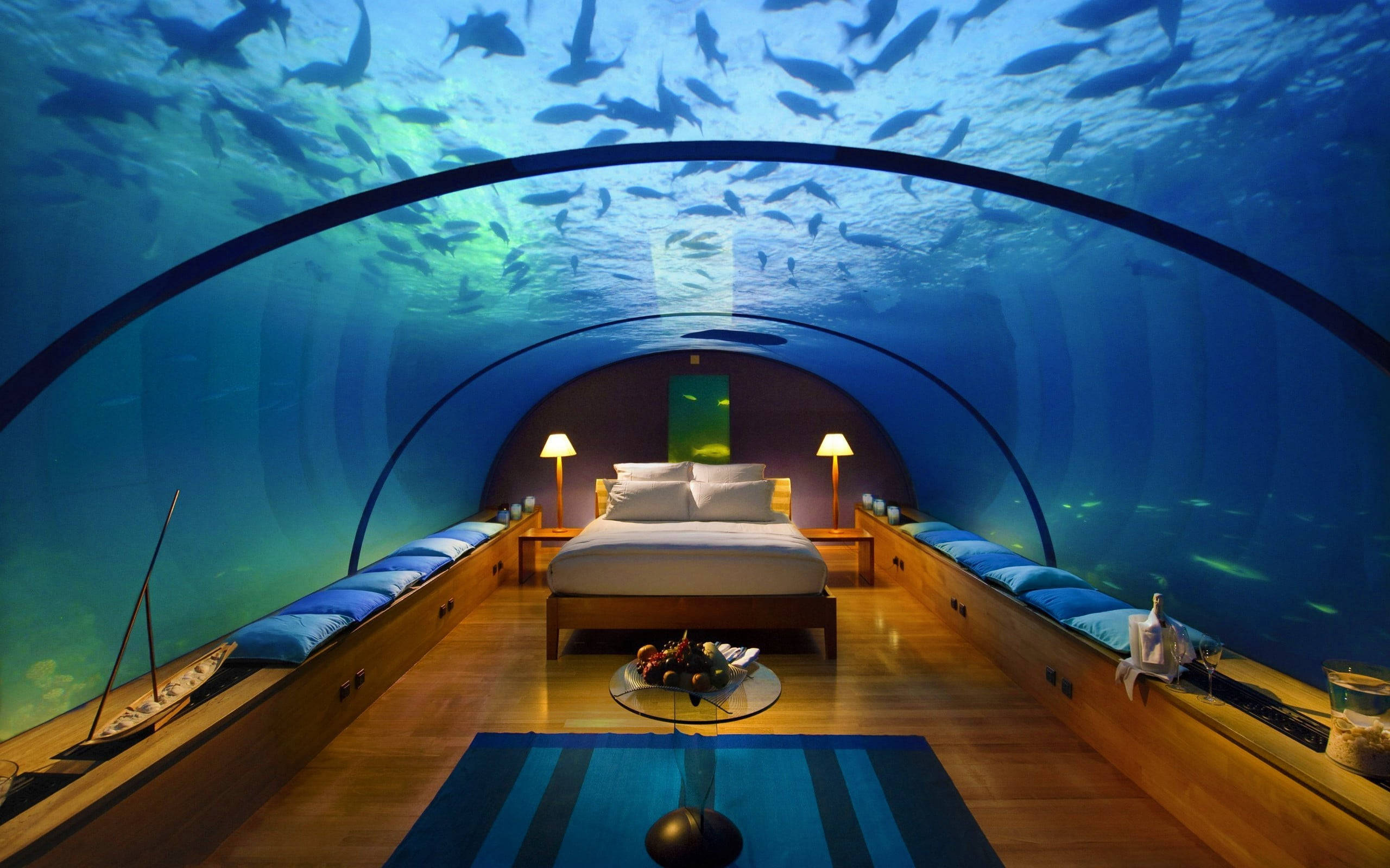 underwater aquarium hotel bedroom, curved glass ceiling, sharks, 2K Desktop Wallpaper