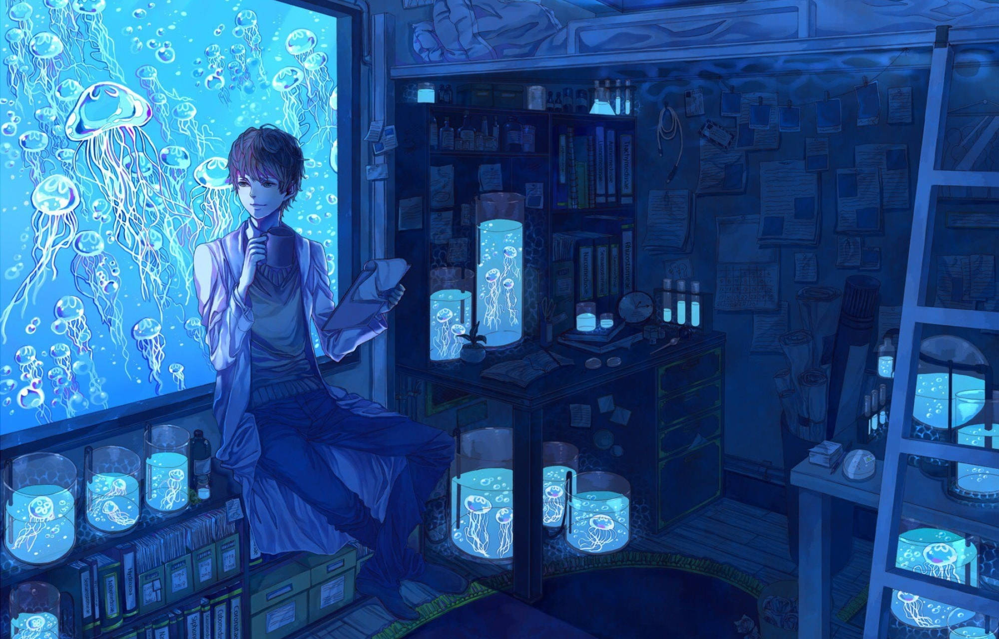 anime boy, jellyfish, blue-lit room, Full HD Desktop Wallpaper