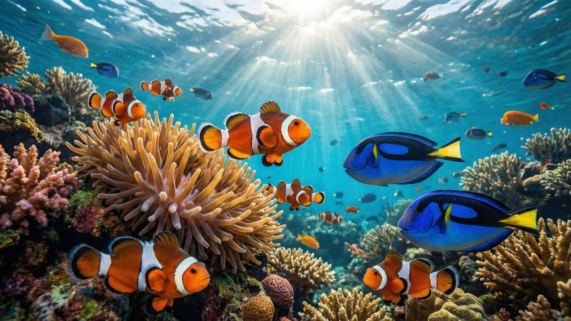 tropical reef bliss, turquoise water, vibrant orange clownfish, Full HD Desktop Wallpaper
