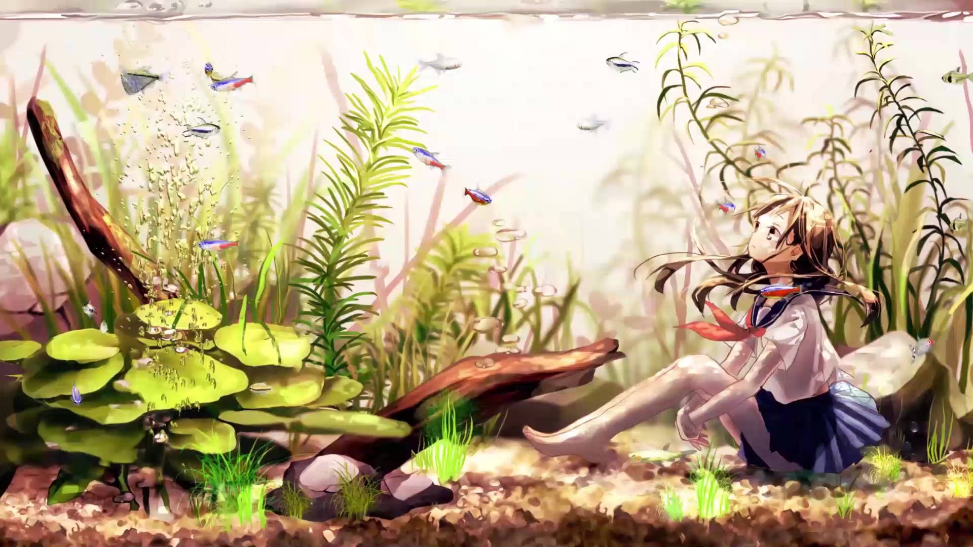 anime girl, school uniform, aquatic plants, Full HD Desktop Wallpaper